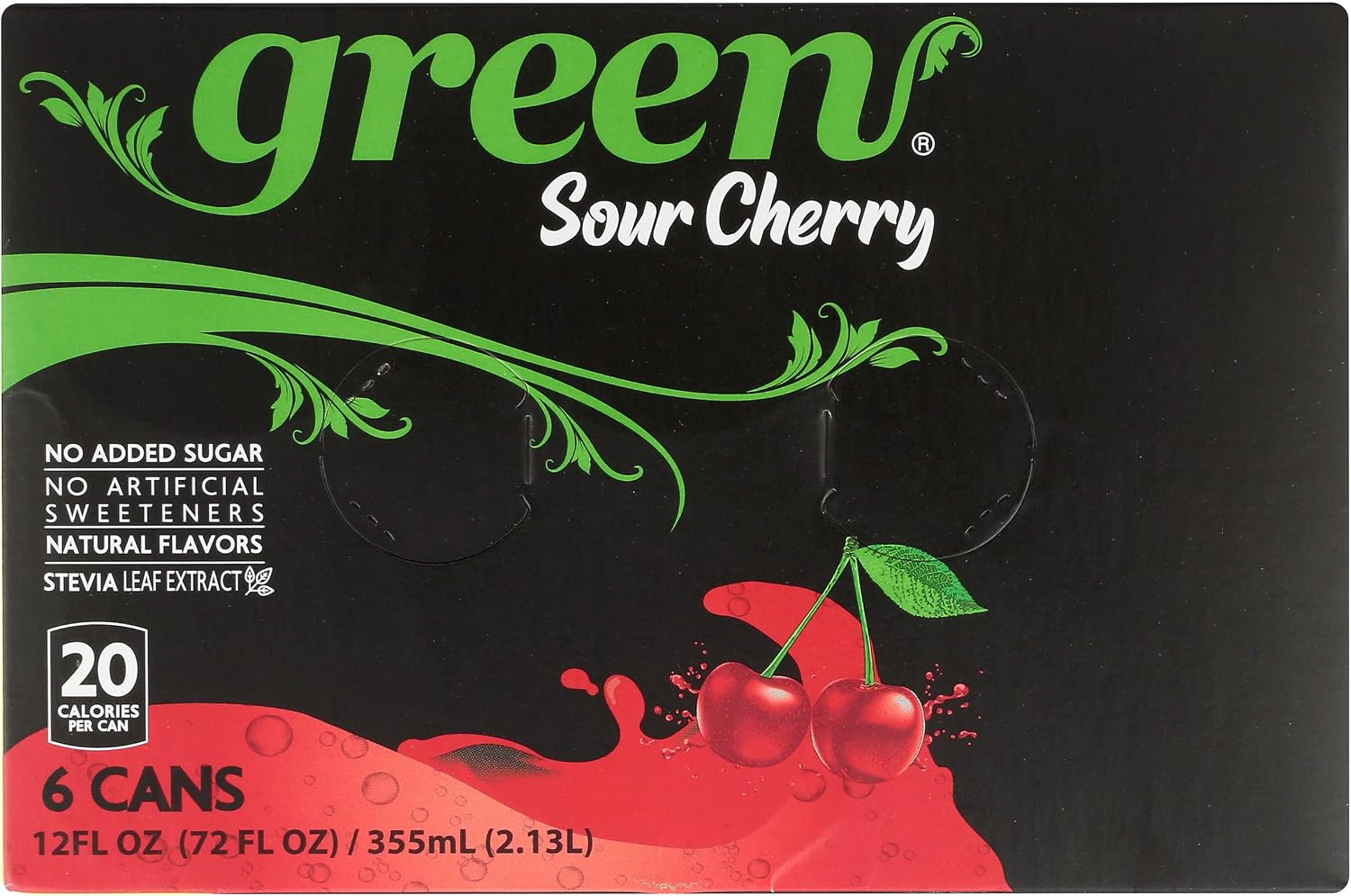 Green Soda Sparkling Sour Cherry with Real Fruit Juice, Naturally Sweetened, No Artificial Sweeteners, Natural Flavors, 66.9 Fluid Ounce (Pack of 4)