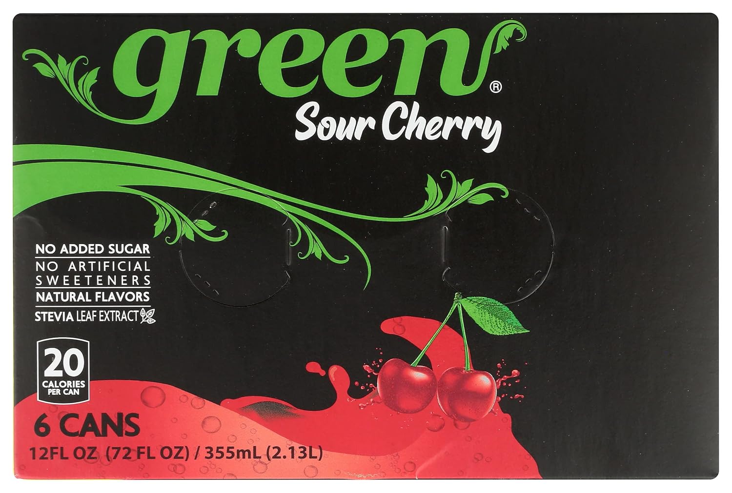 Green Soda Sparkling Sour Cherry with Real Fruit Juice, Naturally Sweetened, No Artificial Sweeteners, Natural Flavors, 66.9 Fluid Ounce (Pack of 4)