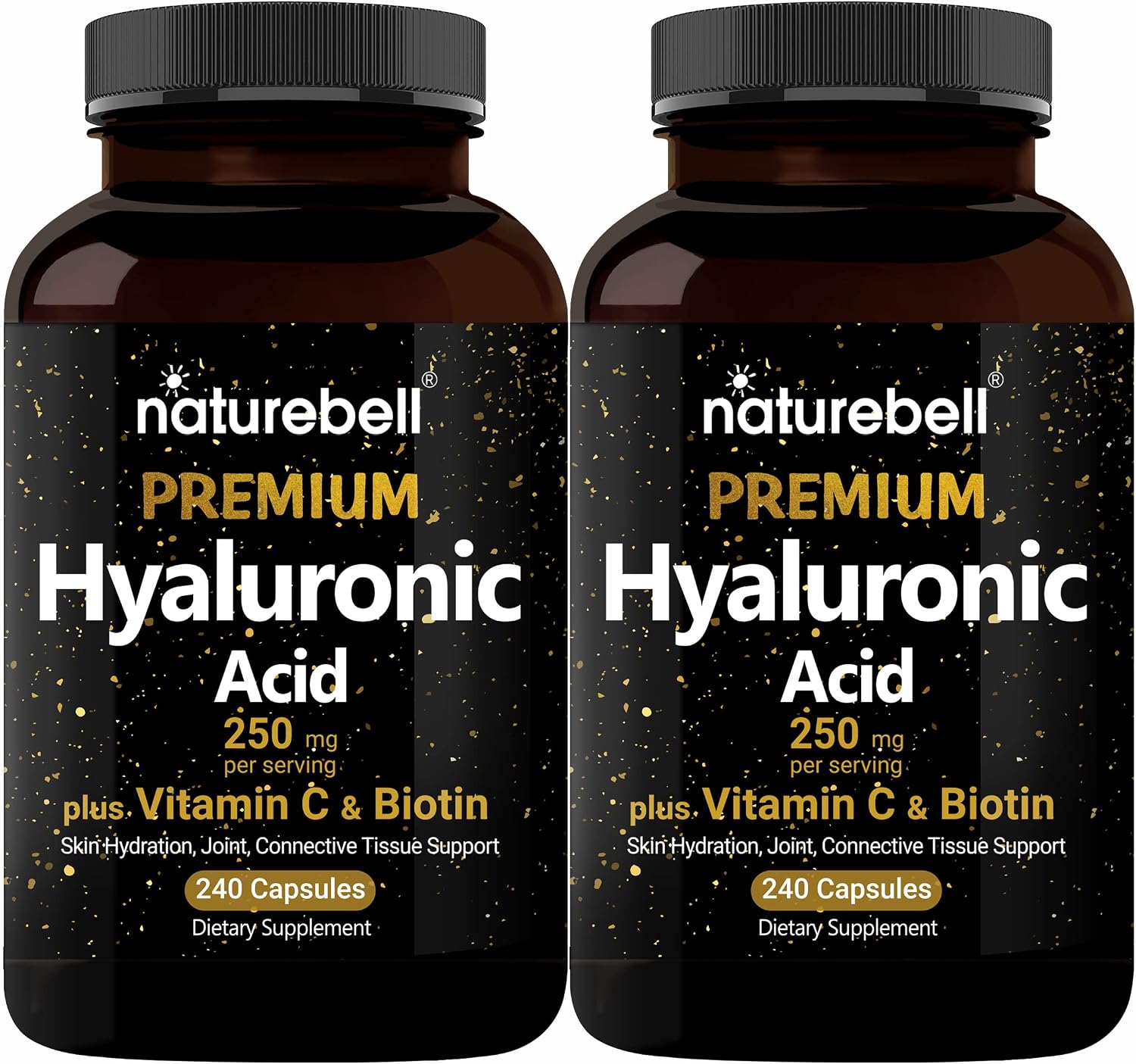 NatureBell 2 Pack Plant Based Hyaluronic Acid Supplements 250mg with 25mg Vitamin C & Biotin 5000mcg, 480 Total Capsules | Essential for Hair Growth, Joint Support, & Hydrating Skin | Non-GMO