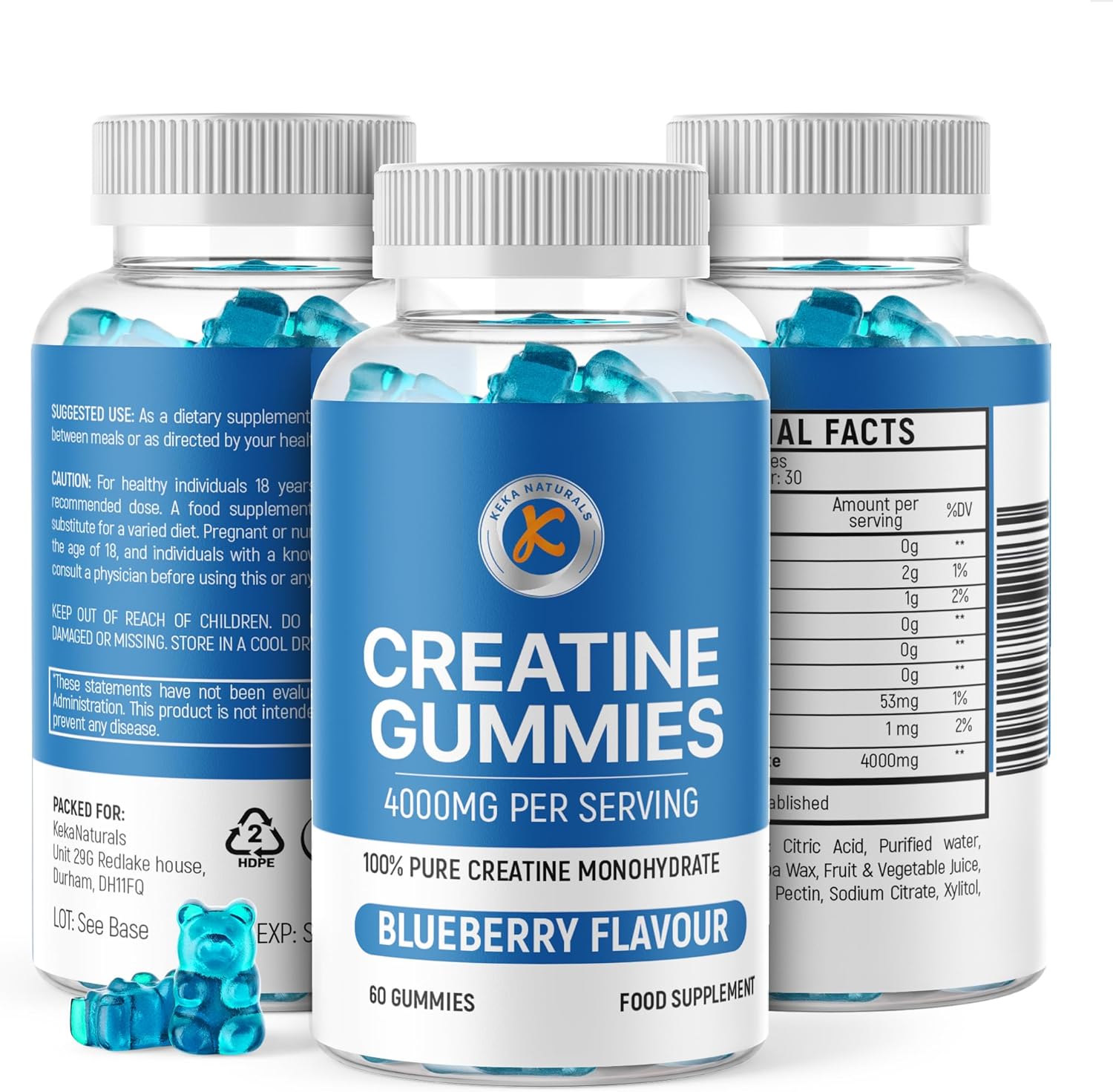 Creatine Gummies 4000mg for Men & Women - 60 Gummies - Pure Creatine Monohydrate - Blueberry Flavour, Vegans & Vegetarians