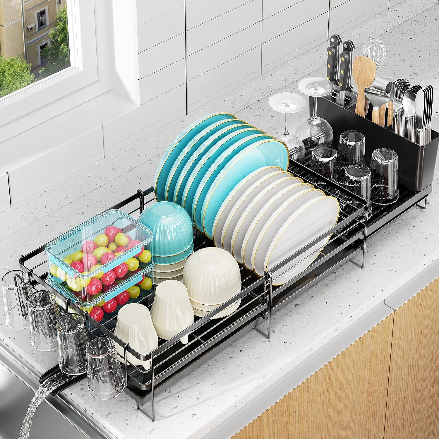 Large Dish Drying Rack, Expandable Dish Rack for Kitchen Counter, Dish Drainer with Drainboard Set, Multifunctional Dishrack with Utensil & Cup Holder, 13.4"-28.7" L x 11.8" W x 7.8" H, Black