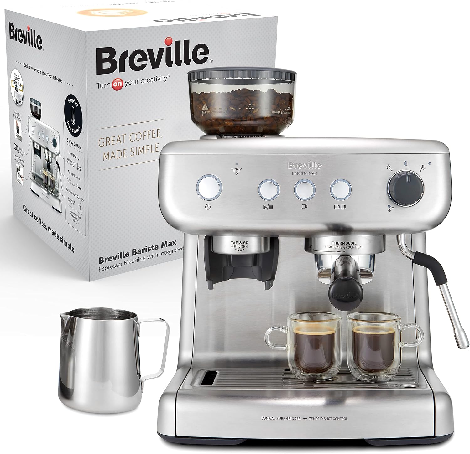 Breville Barista Max Espresso Machine | Latte & Cappuccino Coffee Maker with Integrated Bean Grinder & Steam Wand | 2.8 L Water Tank | 15 Bar Italian Pump | Stainless Steel