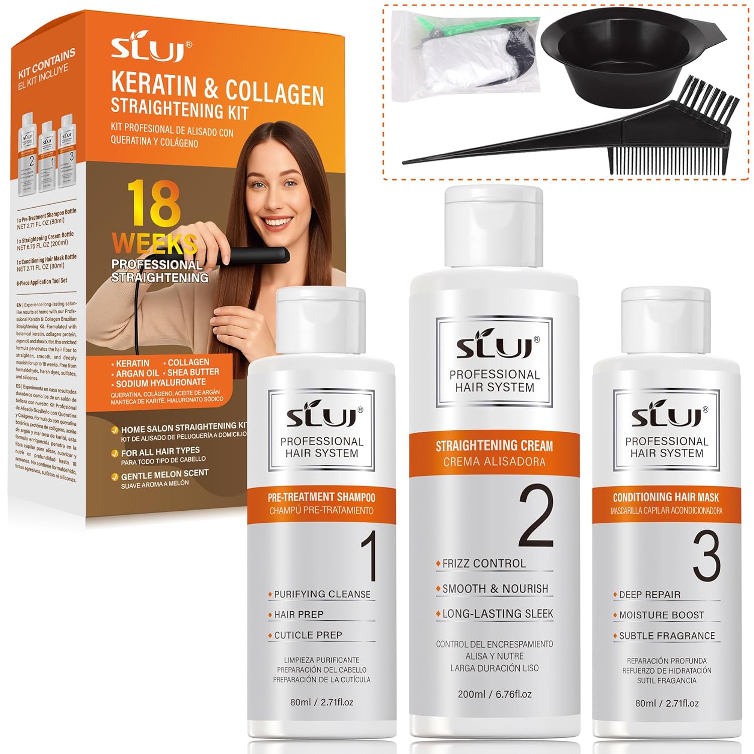 SLUJ Keratin Hair Treatment, Brazilian Straightening Kit with Keratin, Collagen & Hyaluronic Acid,18 Week Home Salon Professional Straightening - Keratina para Alisar el Pelo, Gentle Scent, 2 x Use