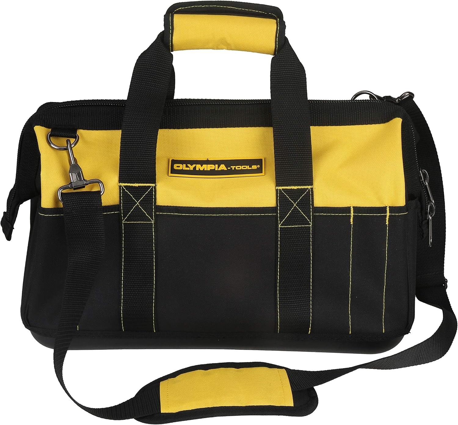 Olympia Tools 16 Inch Wide Mouth Tool Bag, Molded Waterproof Base with 21 Pockets and 7 Belt Loops, Padded Handle, Adjustable Shoulder Strap