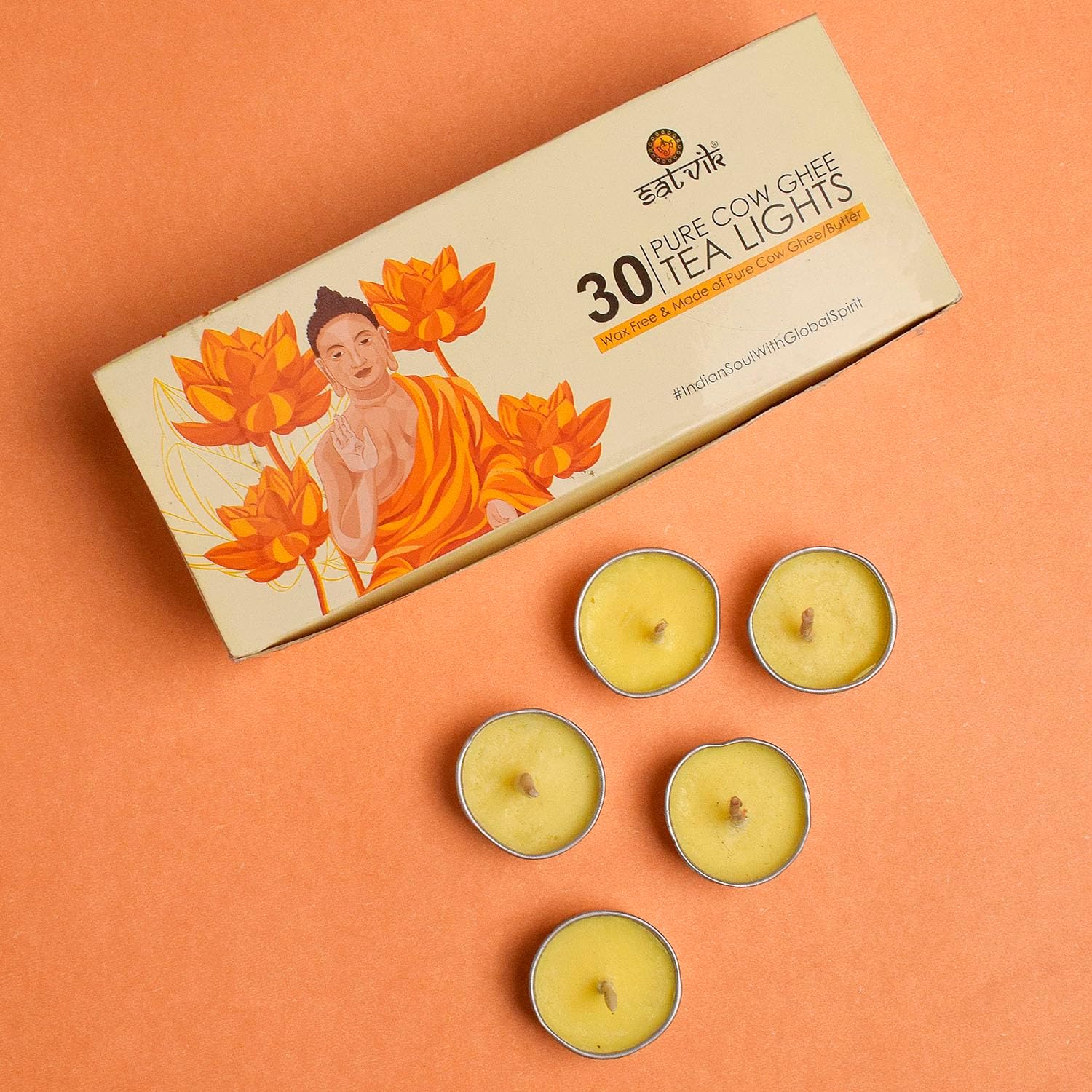 Satvik 30 Pcs Set of Tibetan Butter Lamp Candle Tea Light Holder Pure Cow Ghee Diya for Buddhist Ceremonies Yoga Meditation Candle 1.5 Hours Burning Time Indian Diwali Housewarming Return Gifts