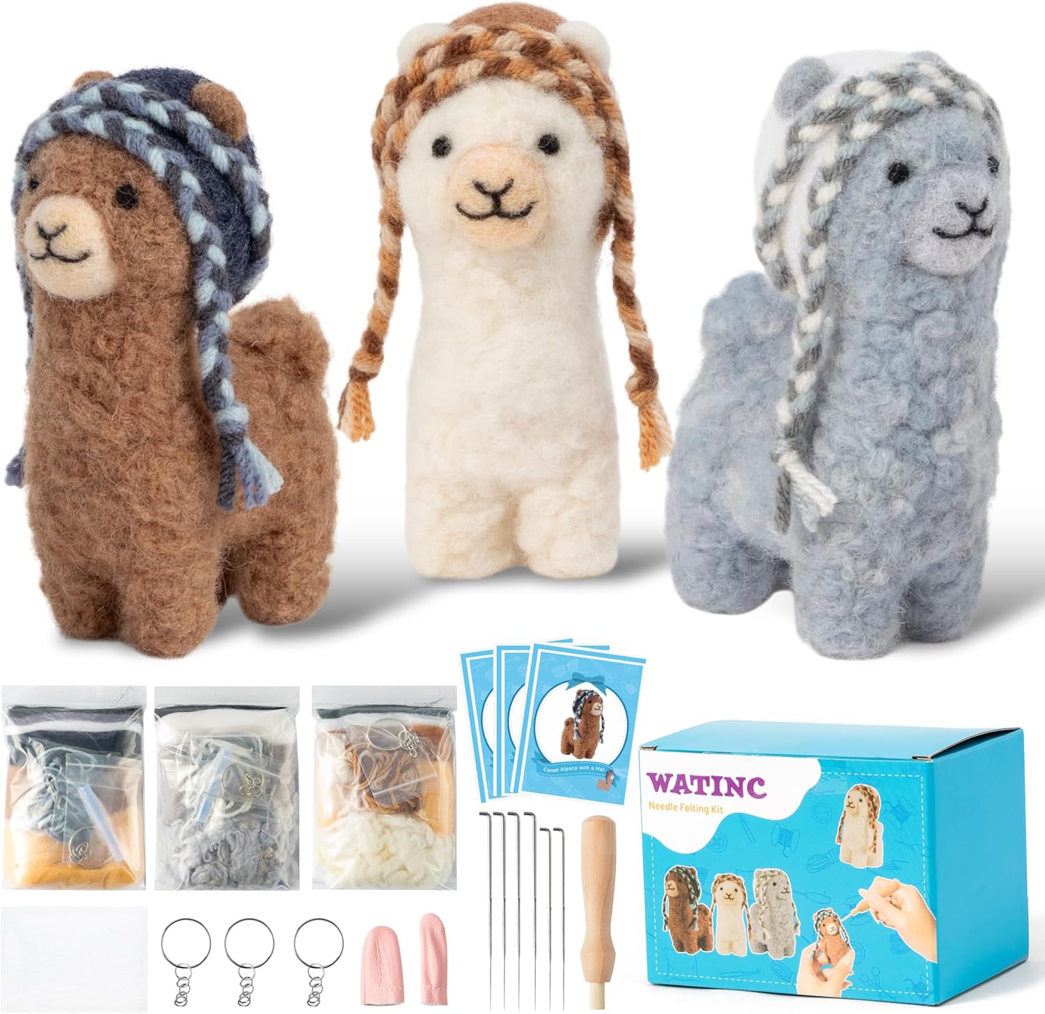 WATINC Alpaca Needle Felting Kit - Set of 3 Different Alpaca Doll Wool Felt Needle Felting Tools Foam Pad, DIY Home Decoration Needle Felting Craft Party Supplies for Beginners