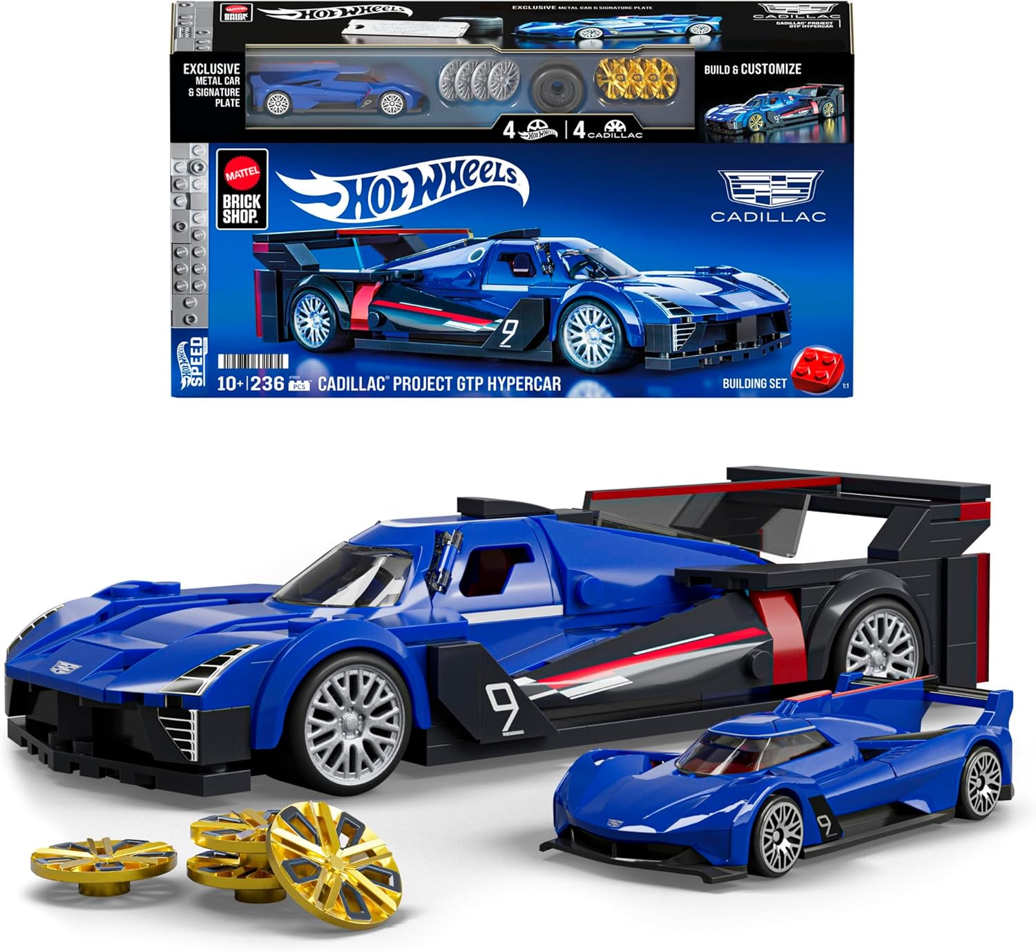 Mattel Brick Shop Hot Wheels Speed Series Building Set, Cadillac Project GTP Hypercar with 236 Pieces, Realistic Details and Custom Decals, Adult Collectors and Kids Ages 10+, JFR89