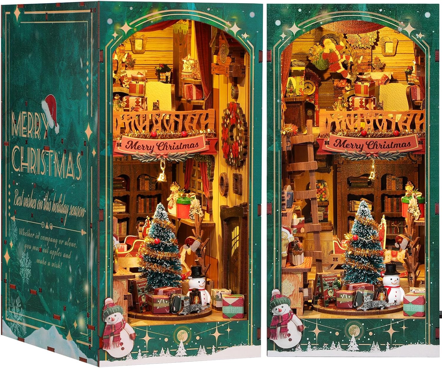 RONSTONE DIY Book Nook Kit - Miniature Christmas Dollhouse Kit 3D Wooden Puzzles Booknook with LED Light - Model Craft Kits for Adults Bookshelf Insert Decor Birthday Gifts