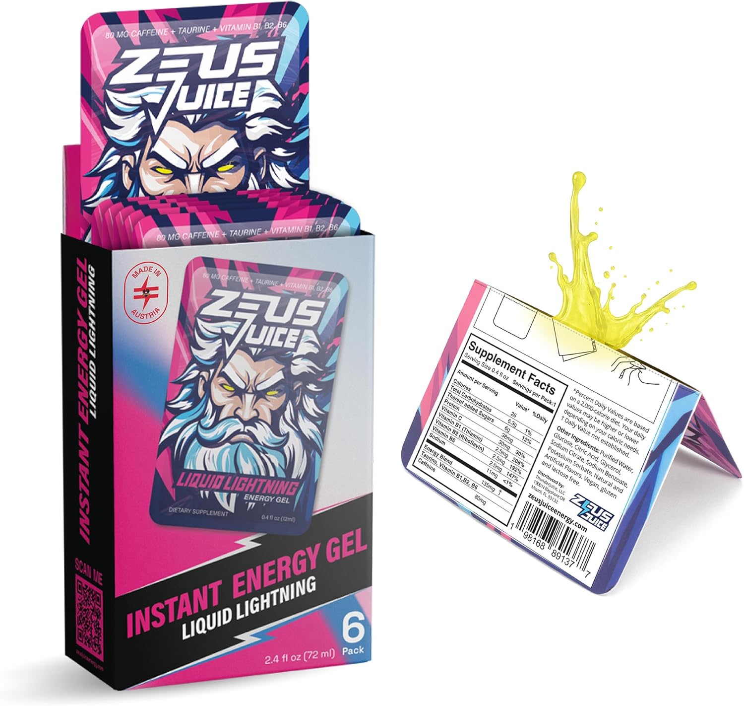 Zeus Juice Instant Energy Gel – 80 mg Natural Caffeine, Clean Pre-Workout, On-The-Go Booster for Endurance & Focus | Fast-Acting Energy, Vegan, Gluten-Free, B Vitamins | 6 Pack (Citrus Thunder)
