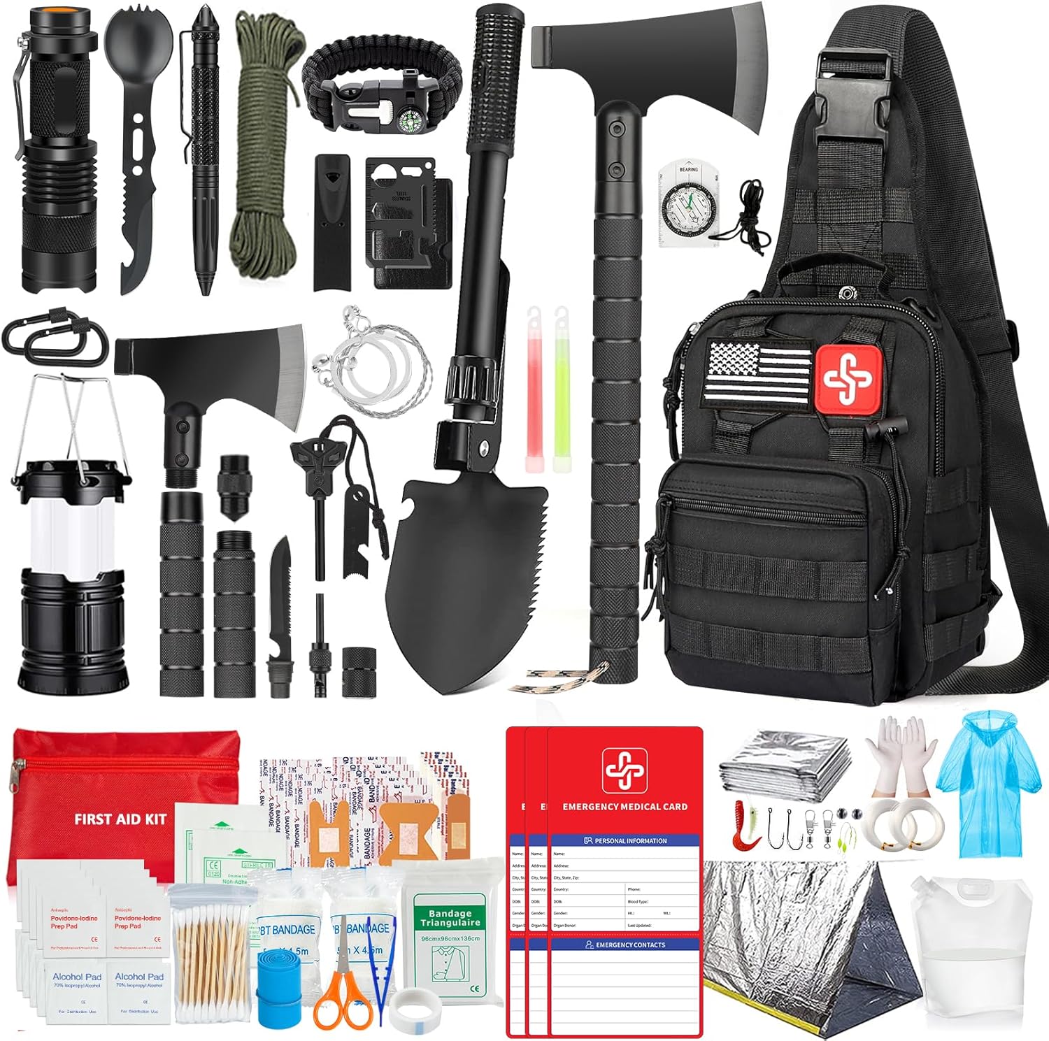 Survival Kit 262 Pieces Survival Kit and Accessories with First Aid Kit Bag and Shoulder Bag, Emergency Kit with Tent, Camping Axe Hammer, Survival Shovel with Pick, Bug Out Bag, Gifts