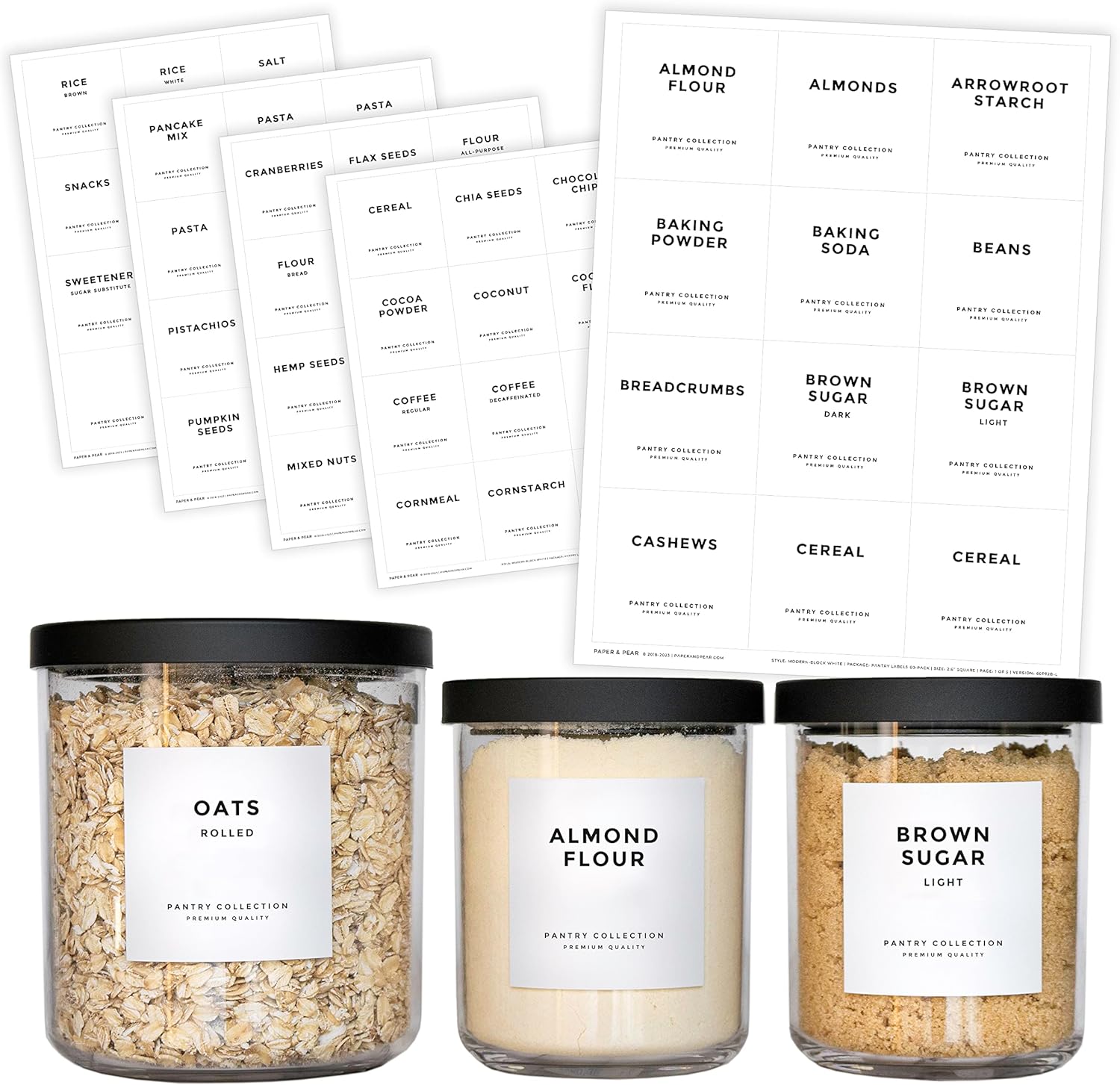 Modern-Block White Preprinted Pantry Labels for Containers by Paper & Pear - Waterproof Oil & Tear Resistant Square Kitchen Pantry Stickers for Home Improvement - Set of 60, 2.6 Inches (No Jars)