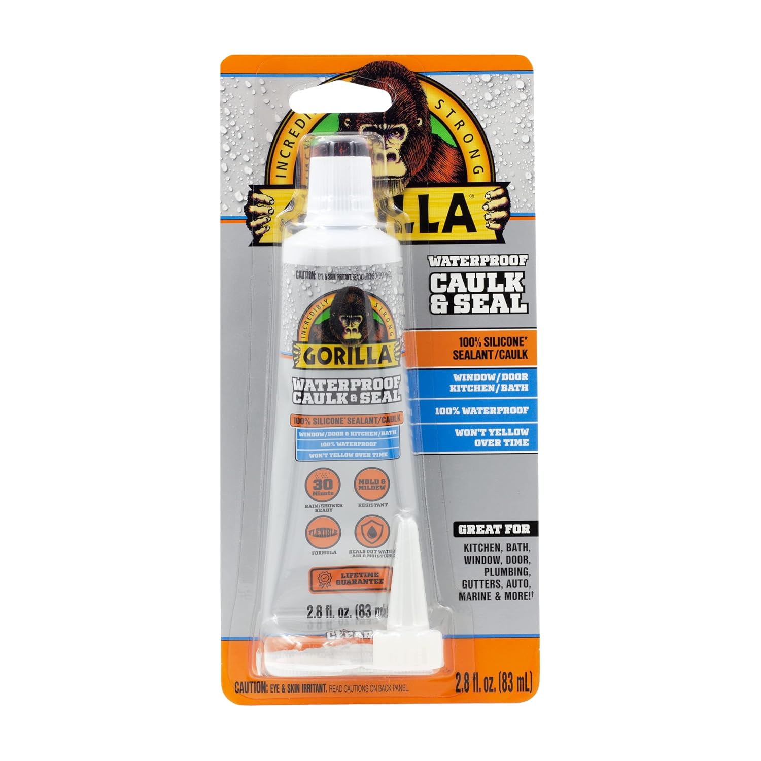 Gorilla Waterproof Caulk & Seal Silicone Sealant, 2.8oz Squeeze Tube (Pack of 1) - Clear Caulking Sealant for Kitchen, Window, Bath, Marine, Door and More