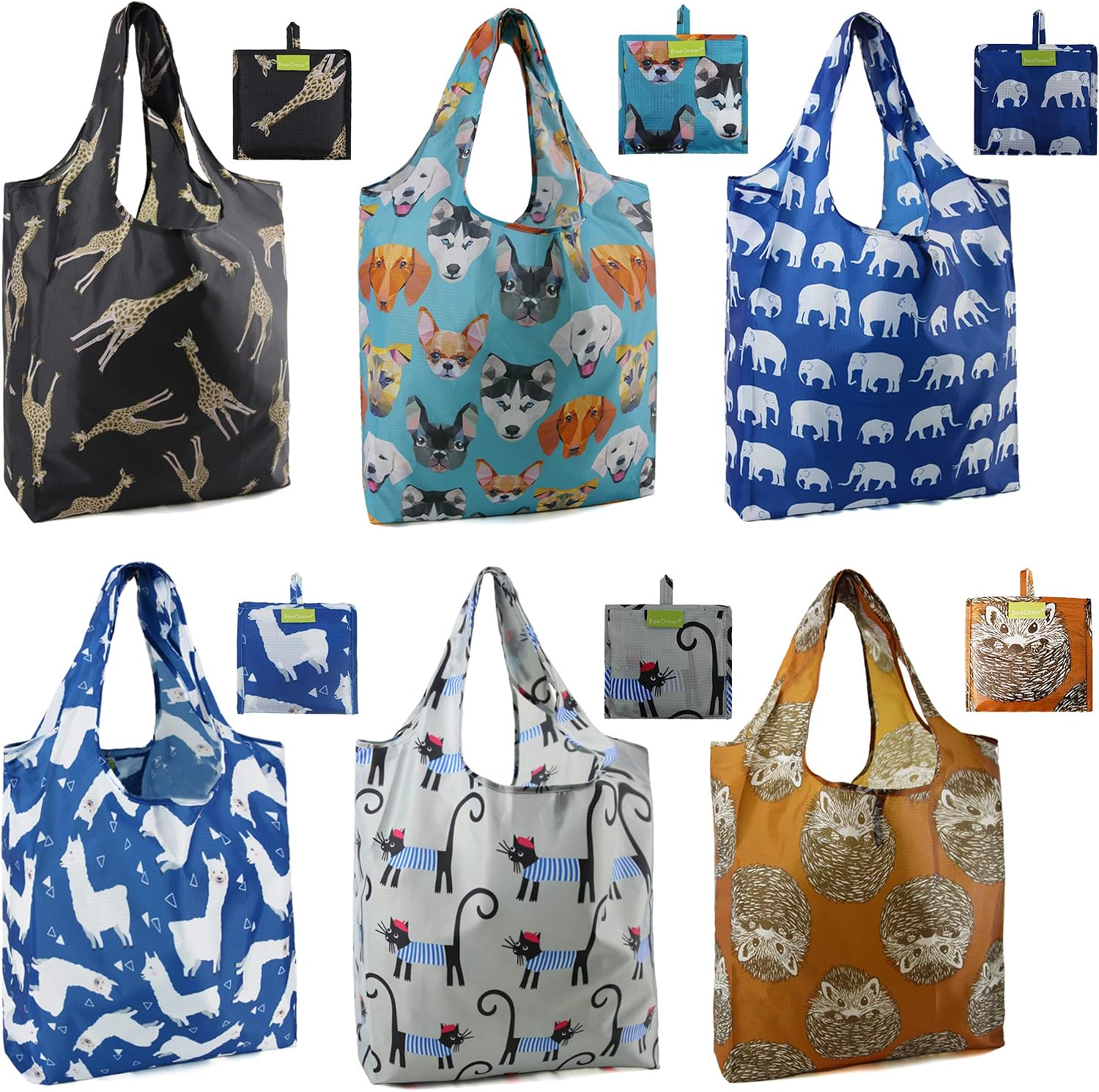 BeeGreen Reusable Grocery Bags 6 Pack Foldable Cute Shopping Holiday Bag with Handles Large Cloth Gift Groceries Tote- bag Bulk Polyester Tote Heavy Duty