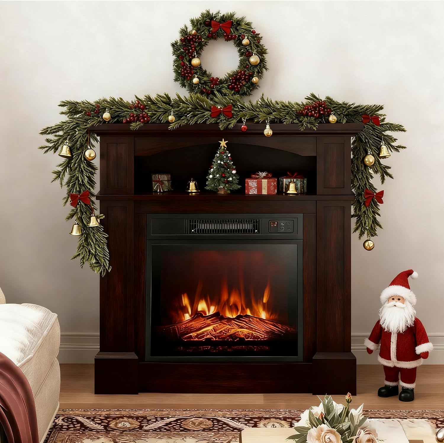 SIMOE Freestanding 32" Electric Fireplace with Mantel, Brown