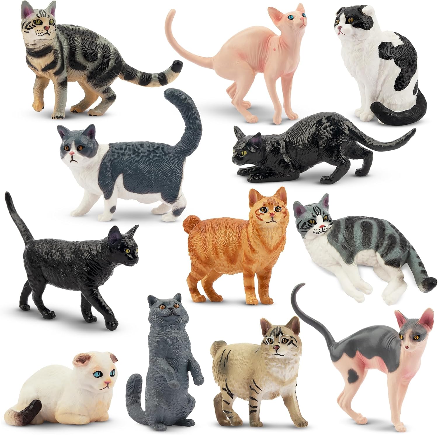 12PCS Cat Figurines, Plastic Cat Figures Realistic Kitten Toys, Cat Cake Toppers Easter Egg Birthday Gift for Kids & Children