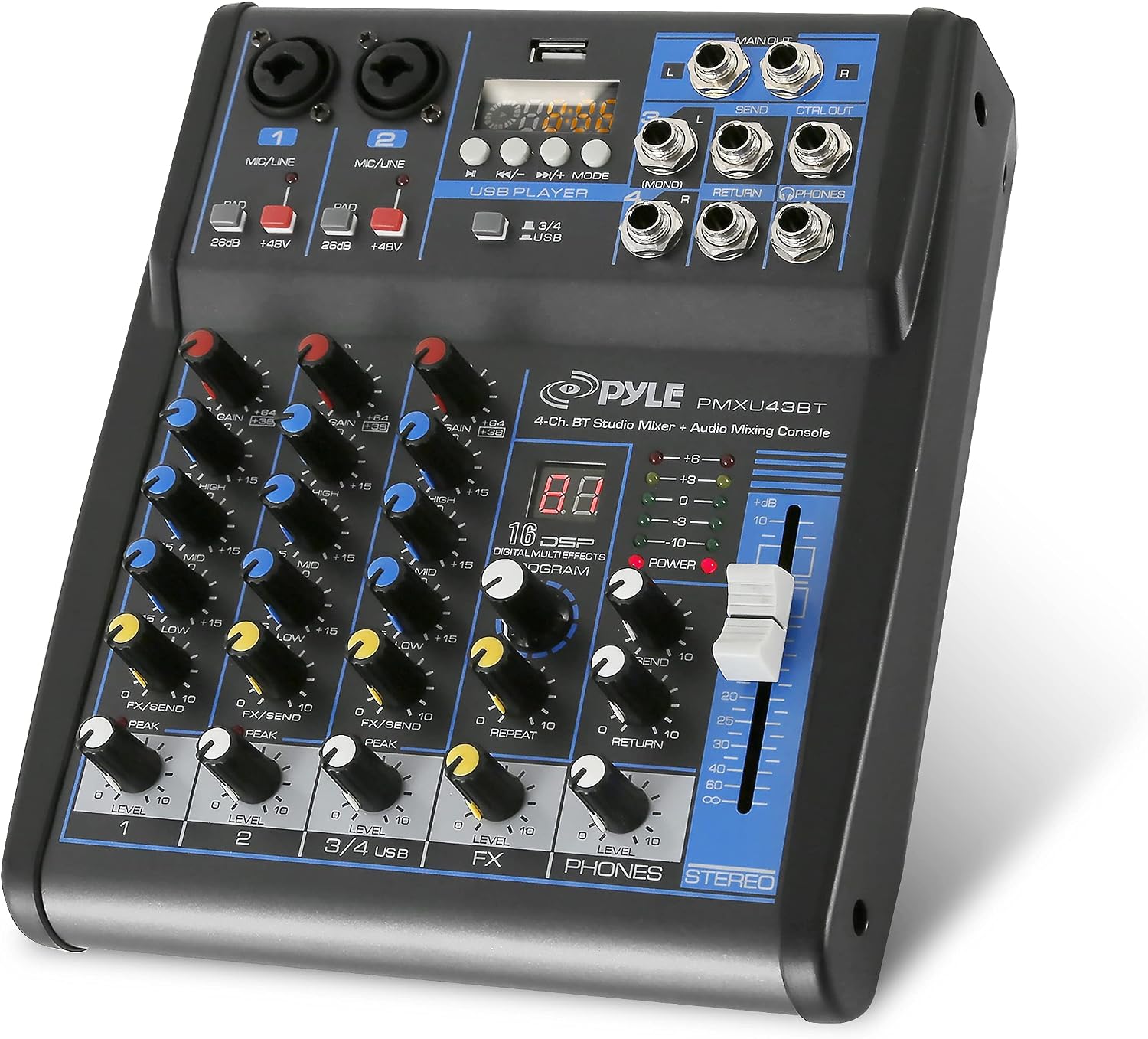Pyle 4 Channel Audio Mixer with Bluetooth - DJ Sound Board Controller - USB Computer Input - Built-in MP3 Player - 48V Phantom Power - 3 Band EQ - 16-Bit DSP FX - Band, Studio Ready - PMXU43BT