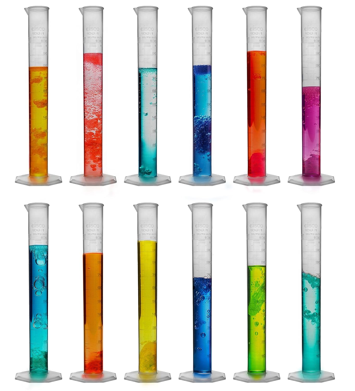 EISCO 12PK Graduated Cylinders, 100mL - Class B Tolerance - Octagonal Base - Polypropylene Plastic - Industrial Quality, Autoclavable
