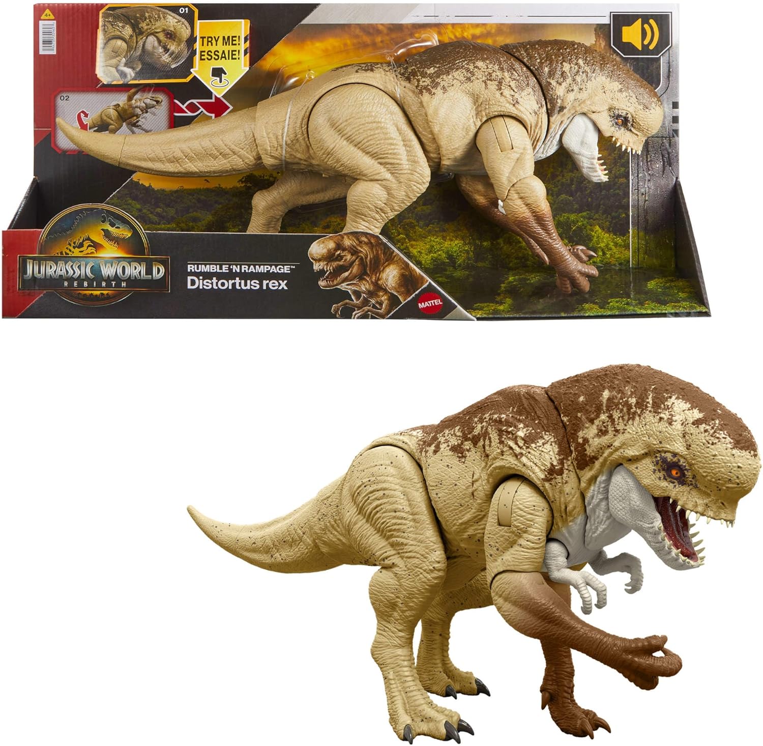 Mattel Jurassic World Rebirth Distortus Rex Rumble N Rampage Dinosaur Action Figure 22 Inch with 2 Attack Actions, Content-Accurate, Digital Play, JJP79