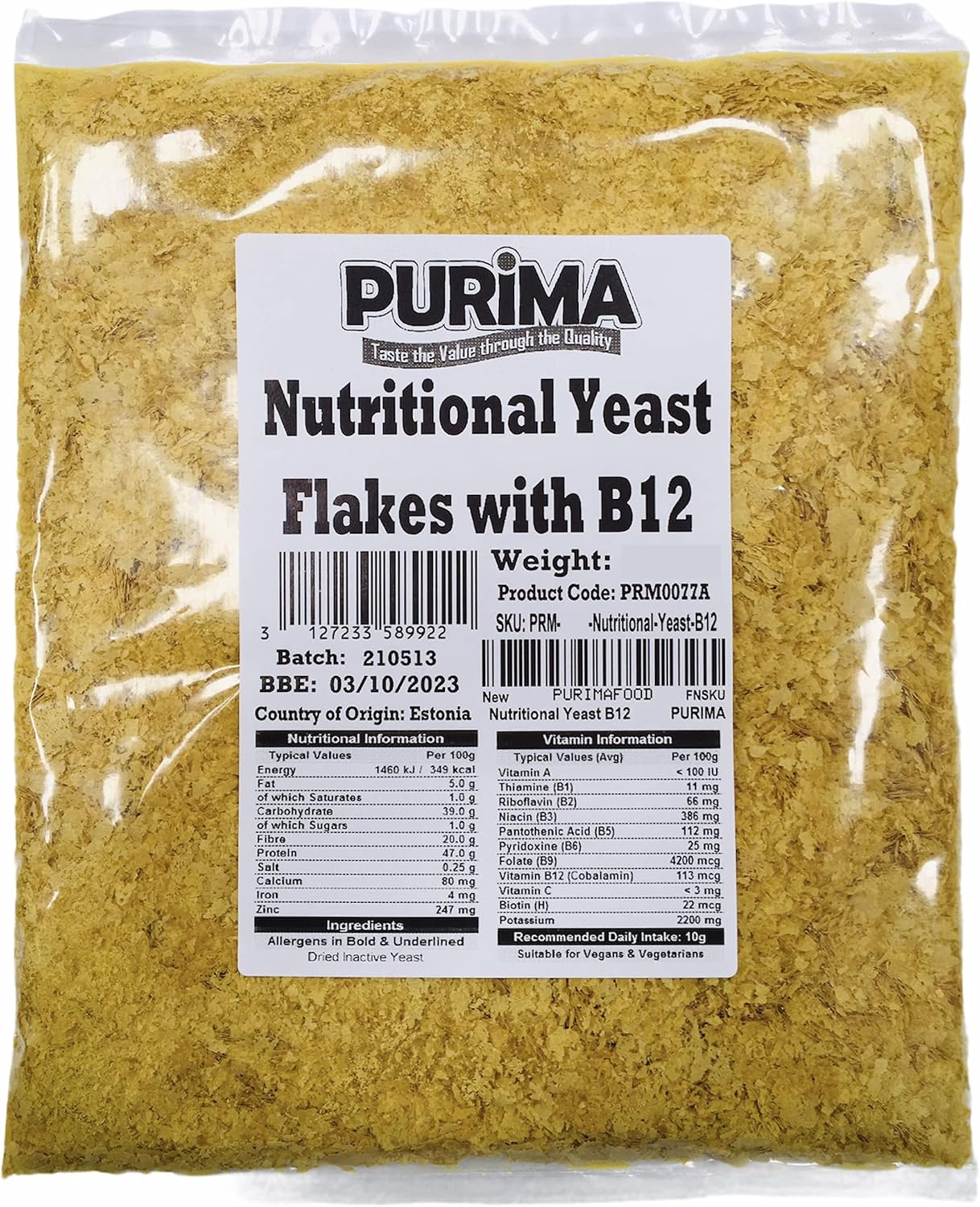 Nutritional Yeast Flakes with B12 250g B Vitamins Vegan Cheese Powder Alternative Dairy Free Flavouring - Cheesy Nutty Seasoning Savoury Flavour Condiment Dry Inactive Bulk Nooch Non GMO - PURIMA