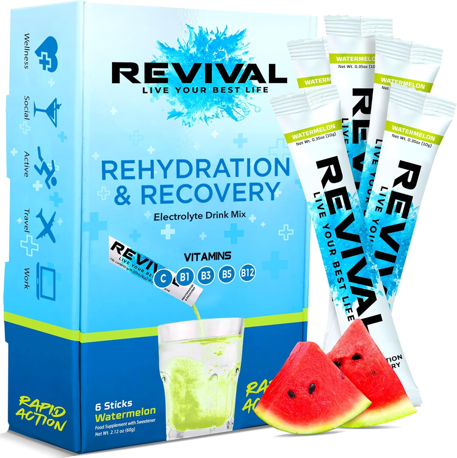 Revival Rapid Rehydration Electrolytes Powder - High Strength Vitamin C, B1, B3, B5, B12 Supplement Sachet Drink, Effervescent Electrolyte Hydration Tablets - 6 Pack Watermelon