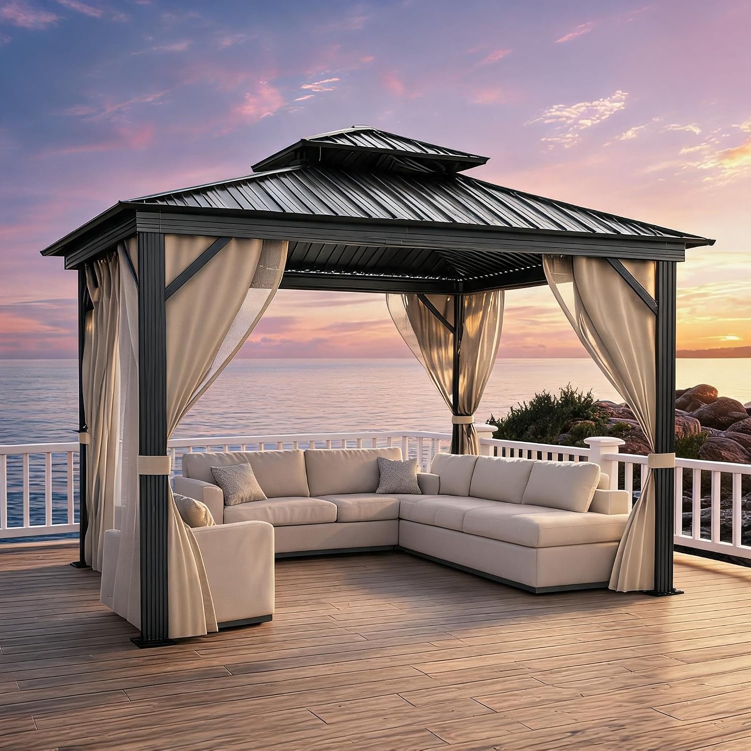 GarveeLife Hardtop Gazebo 12 ft x12 ft for All Weather, with Double Metal Roof, Aluminum Alloy Frame, Net, and Curtain, Permanent Building for Patio, Deck, Backyard, Lawn, and Garden