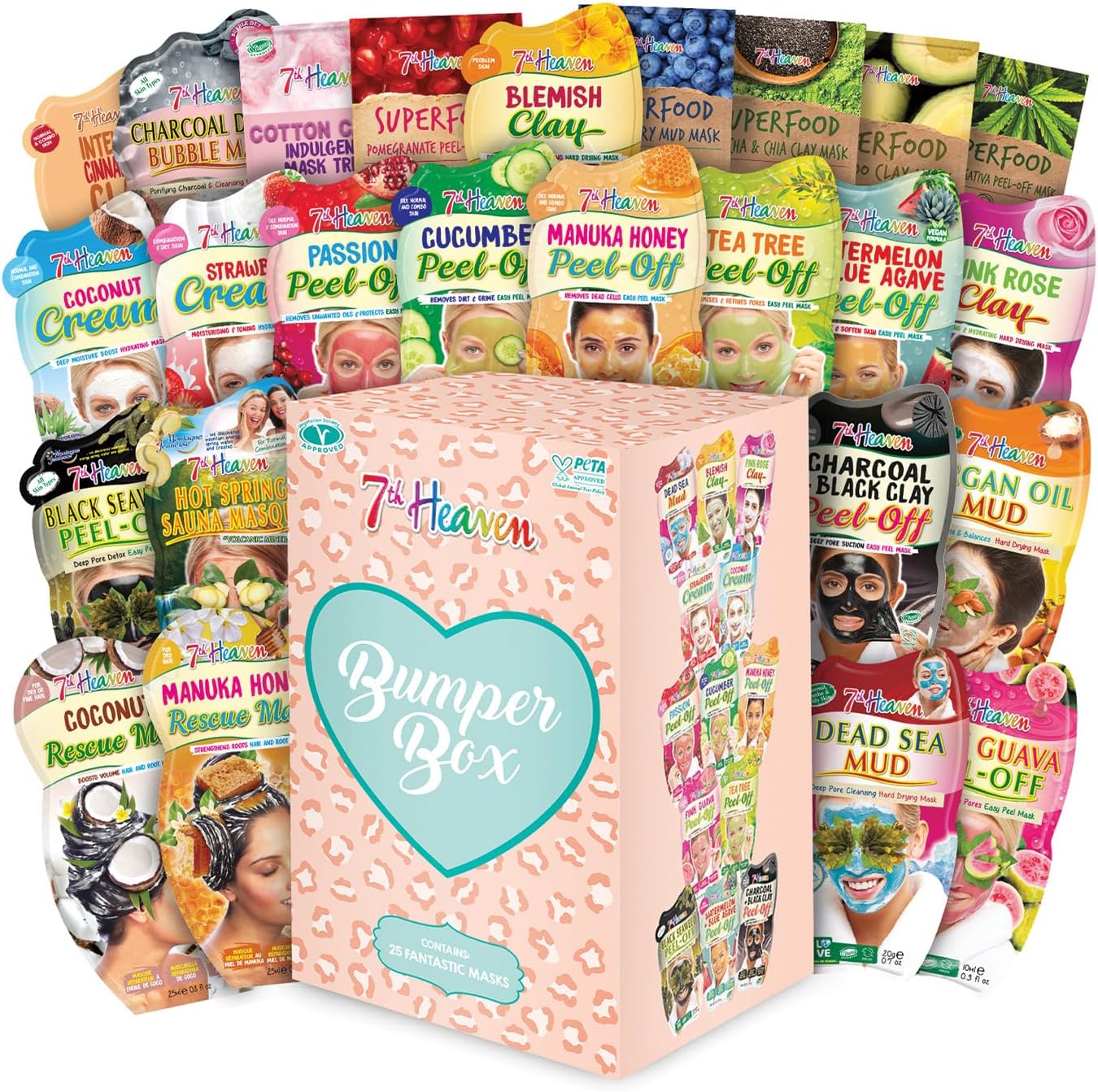 7th Heaven Bumper Box Face Mask Gift Set - Pack of 25 Face Masks - Deeply Moisturising and Skin Rejuvernating & Blemish Repair - Charcoal, Pink Rose Clay & Dead Sea Mud - Suitable For All Skin Types