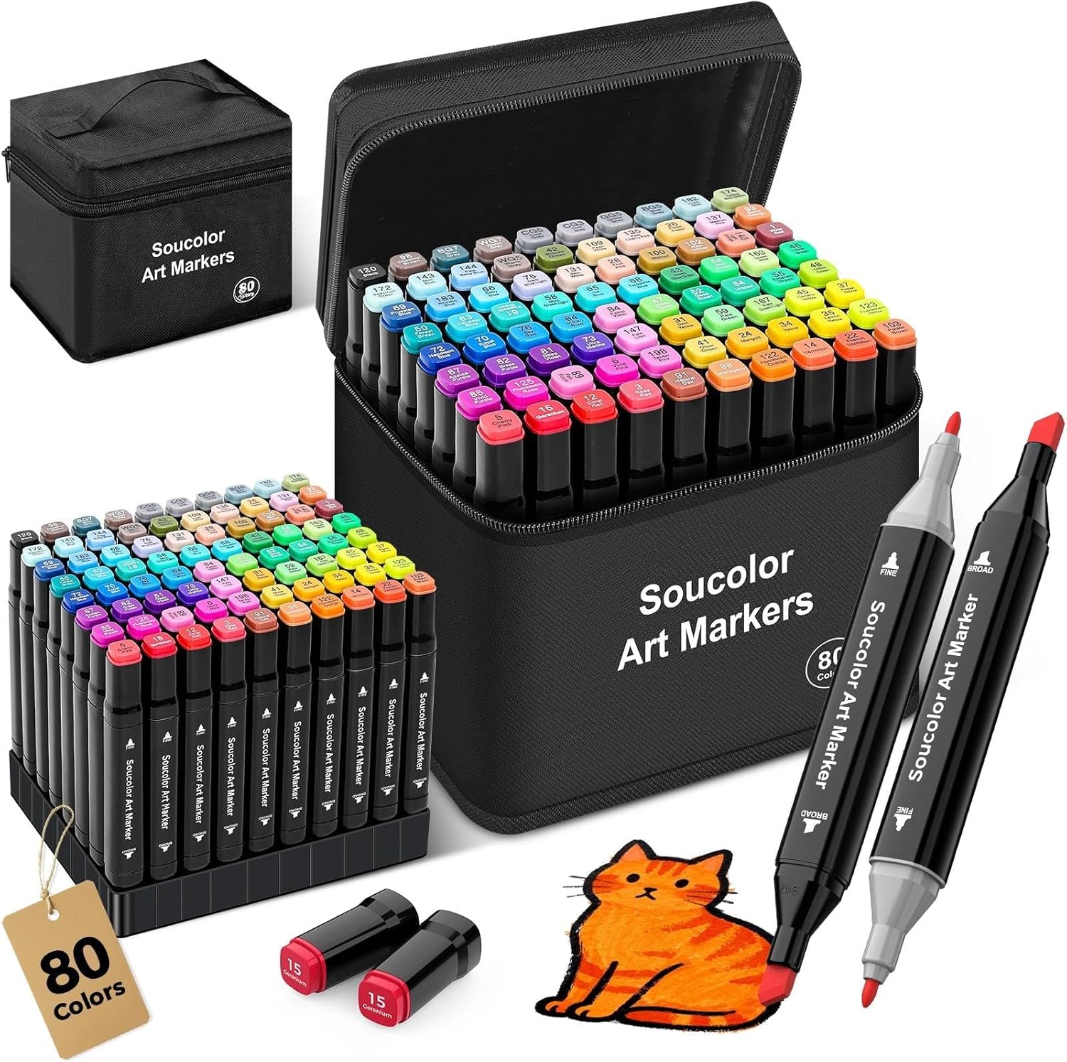 Soucolor Alcohol Markers 80 Colors with Case & Holders, Dual Tips Chisel & Fine Art Markers for Adult Coloring Kids Drawing, Artist Markers Art Supplies for Blending Sketching