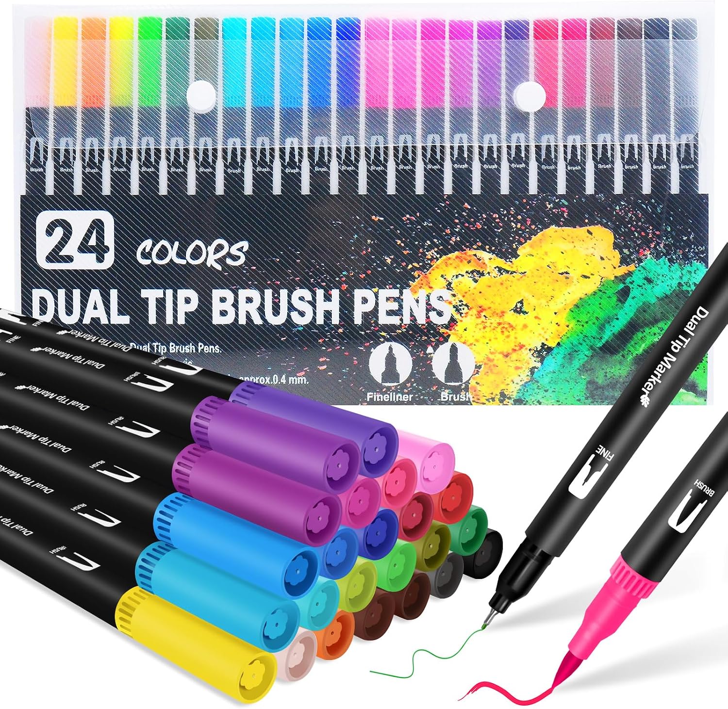 Dual Tip Brush Pens, Art Supplies Colouring Pen Set for Kids Colouring Books, 24 Colors Felt Tip Pens Art Markers for Design, Drawing, Painting, Sketching, Calligraphy, Lettering