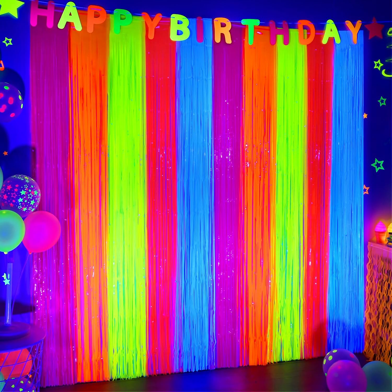 Mega-L Glow in The Dark Party Supplies, 2 Pack Neon Party Decorations 3.3 x 6.6 ft Fluorescent Macaron Colorful Tinsel Foil Fringe Curtains, Photo Booth Prop Backdrop Streamer, Birthday Party Decor