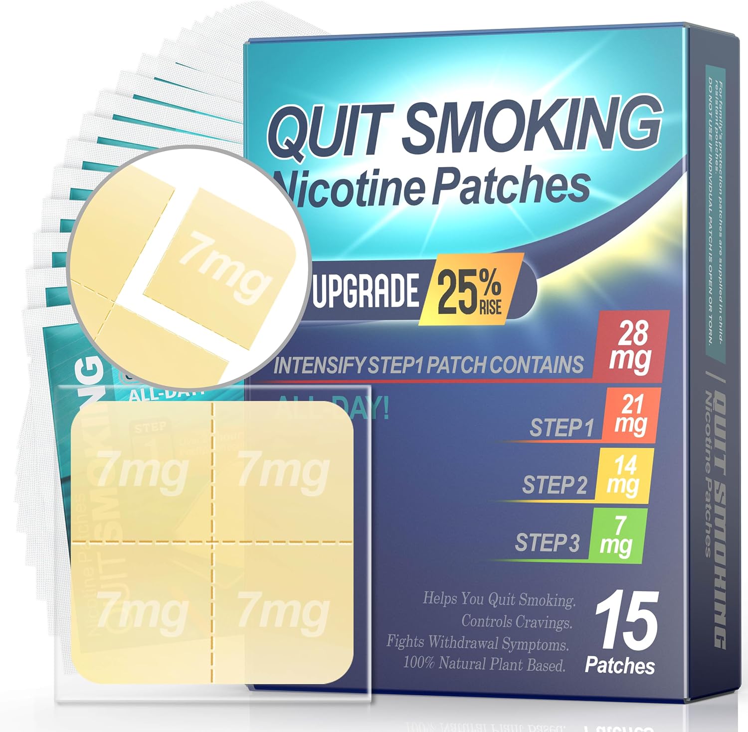 Nicotine Patches Step 1+, 21mg Upgraded to 28mg, It Can de Divided Into Four Pieces, 7mg. Quit Smoking Aid, Patch Provides a 24-Hour Nicotine Transdermal System (15 Phtches)