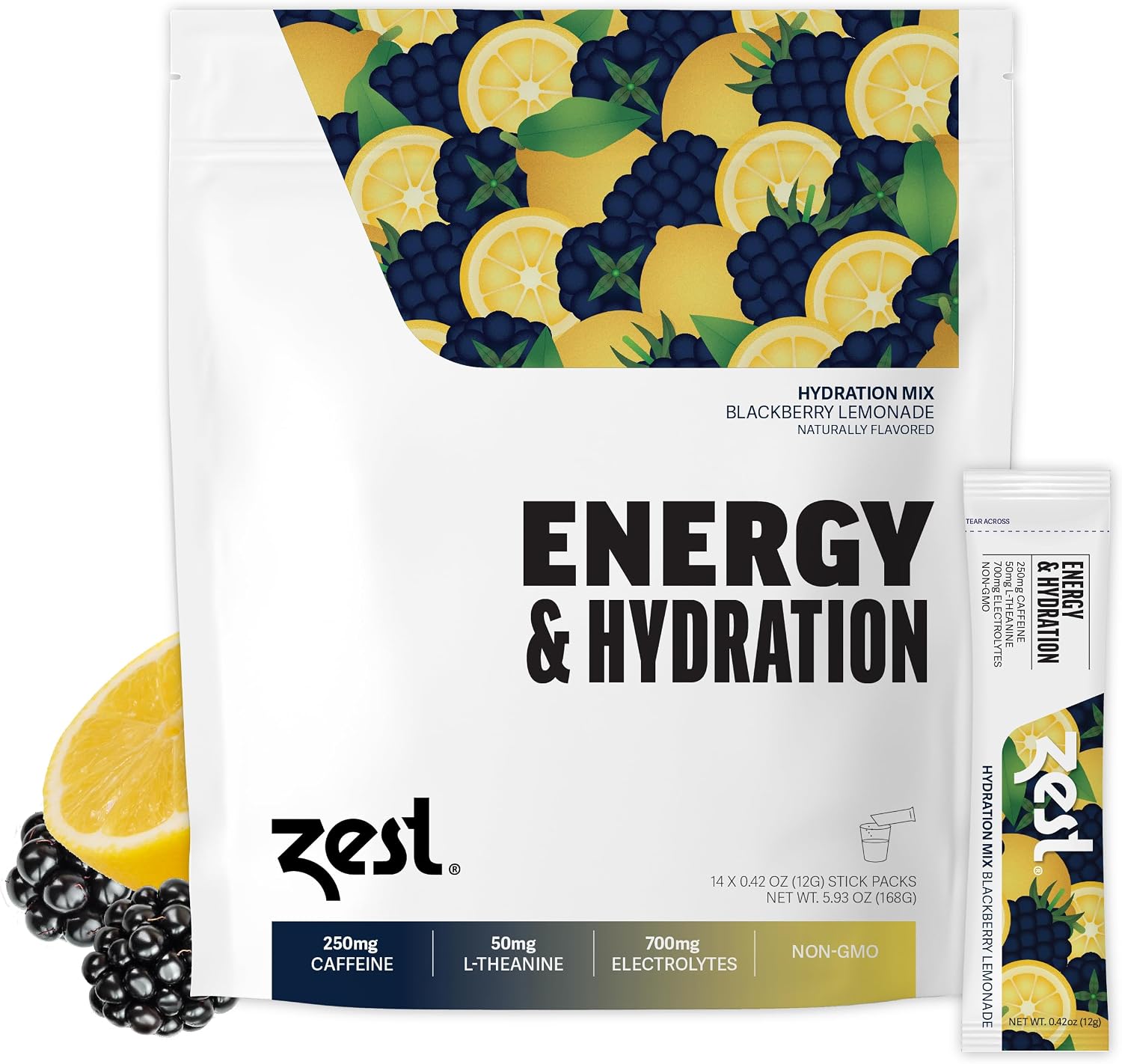 ZEST Hydration & Preworkout Energy Drink Packets – Clean Electrolyte Powder with 250mg Caffeine - 14 Energy Powder Sticks for Running & Endurance, BlackBerry Lemonade Flavor