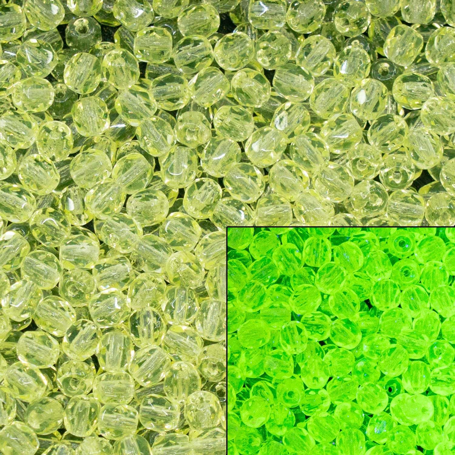 100 Pieces Bohemian Crystal Glass Beads, 4mm Faceted Fire Polished Round, Fluorescent Uranium Yellow-Green,
