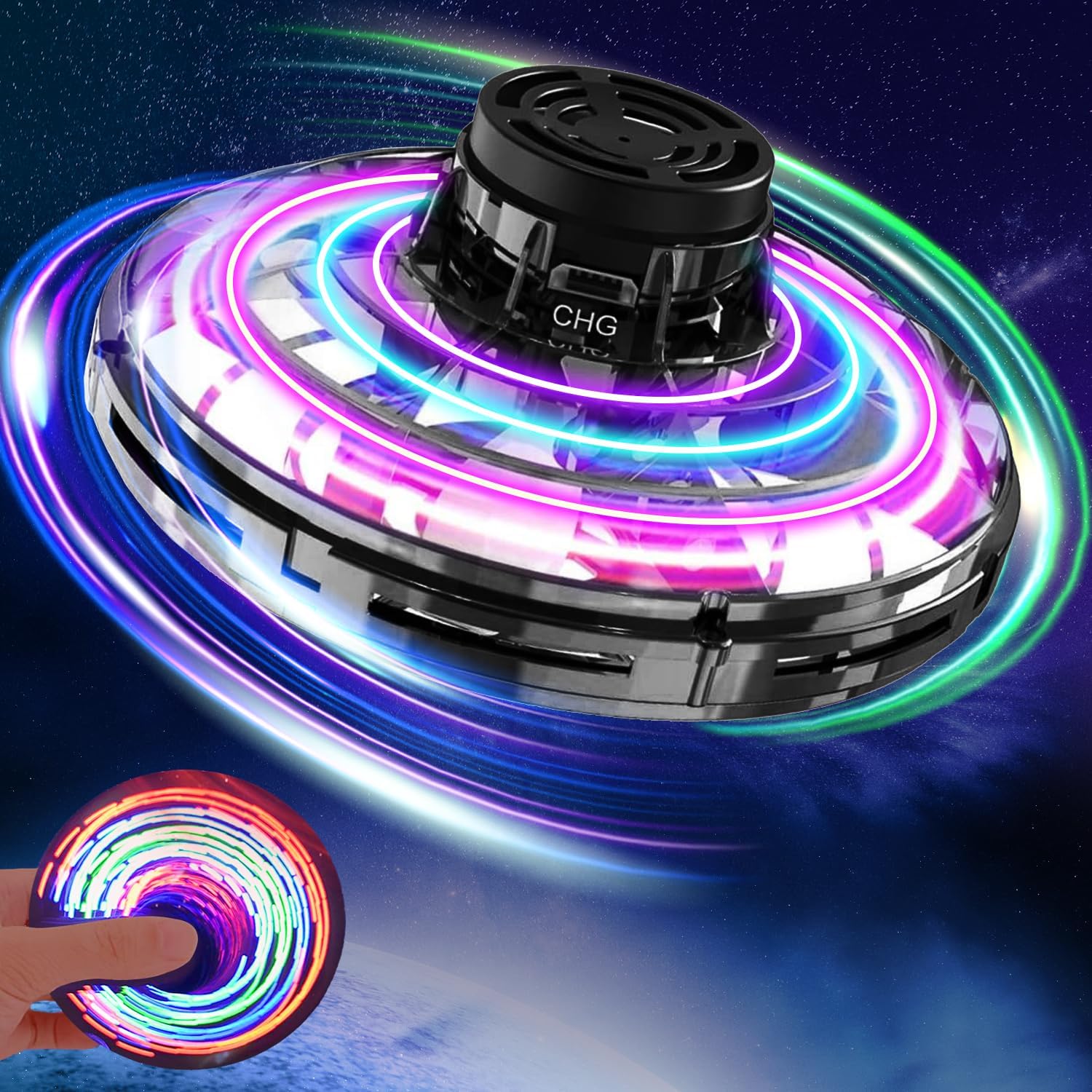 Flying I Fly Spinner, Fidget Spinner Flying Toys, Mini Fly UFO Hand Controlled Boomerang Drone, Cool Stuff Gadgets Gifts for Kids Boys Girls Teens 8 9 10+ Year Old Indoor Outdoor (Black)