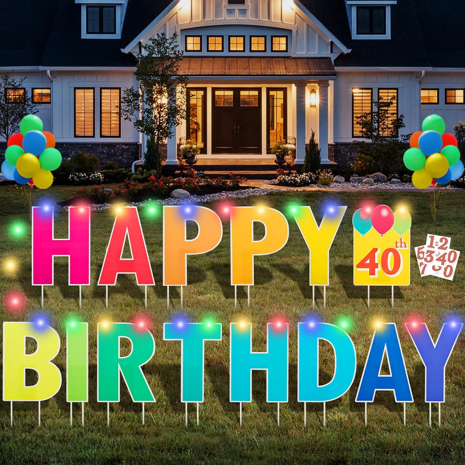 Happy Birthday Yard Sign with Stakes, Personalized Age Signs with 20 Number Stickers, Bright Rainbow Color, 15" Big Size