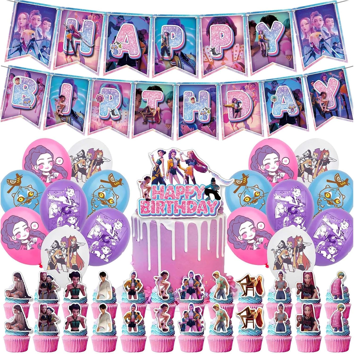 Birthday Decorations Huntrix Huntr/X Cake Topper Cupcake Toppers Banner Balloons Party Decorations Supplies for Fans Birthday Decorations Party Decorations Kit Happy Birthday Banner Balloons Cake