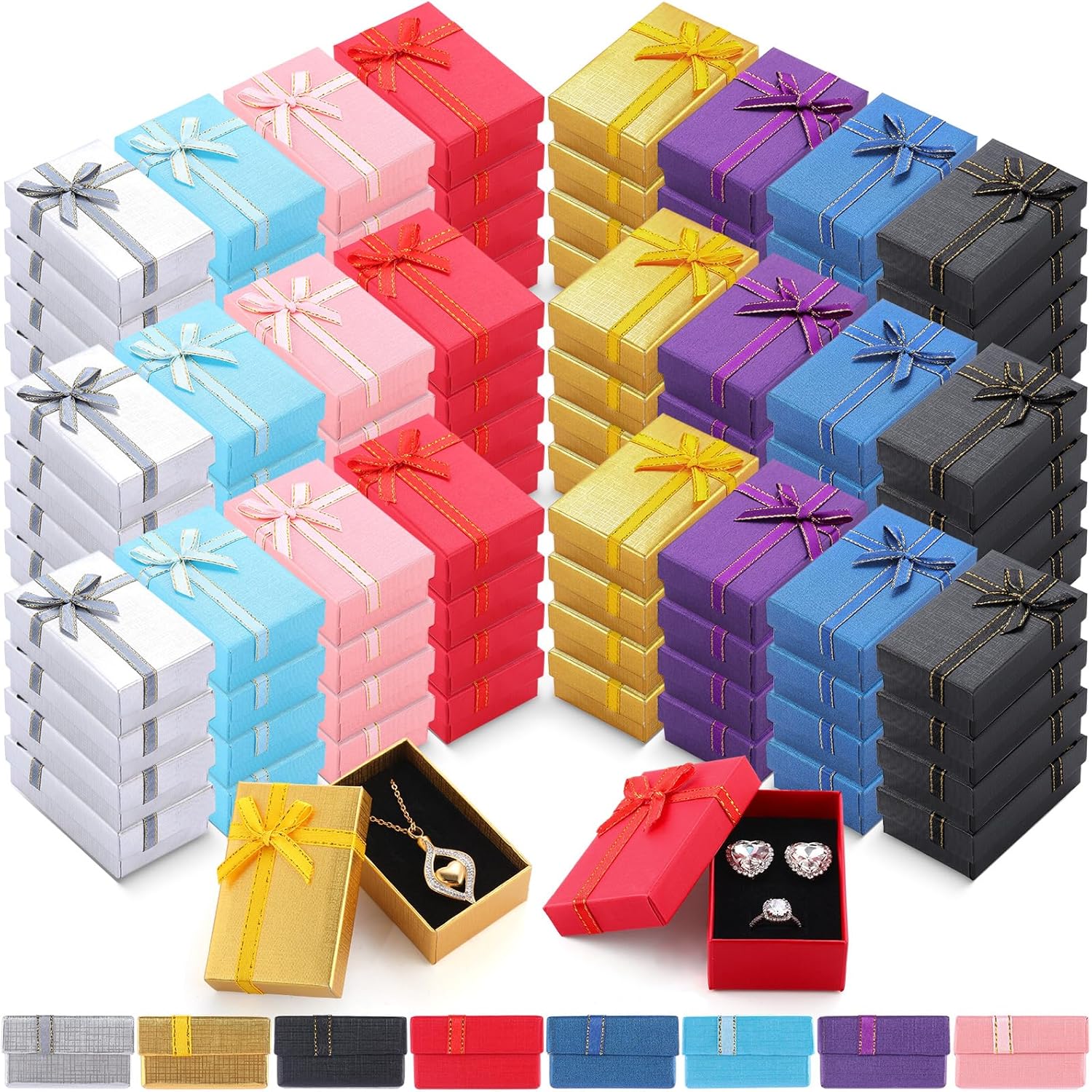 Ecally 96 Pcs Christmas Jewelry Gift Boxes 2 x 3.1 x 1.1 in Empty Jewelry Boxes Small Gift Box with Lids Ribbon Bowknot for Earring Necklaces Bracelets Rings Christmas Wedding Holiday (8 Colors)