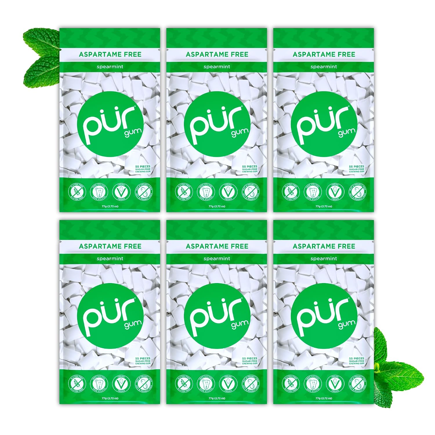 PUR Gum, Spearmint, Xylitol Gum, No Artificial Flavor, 330 Count (6x55)