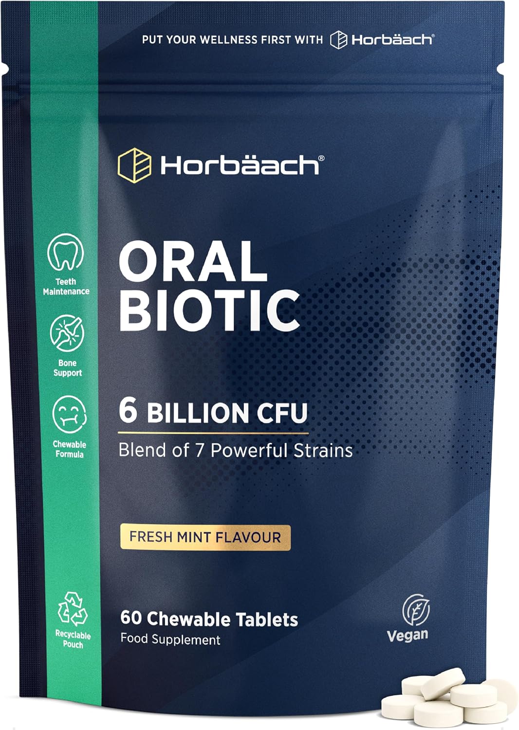 Oral Biotic for Mouth 6 Billion CFU | Advanced Dental Biotics for Adults | 7 Strains Including Lactobacillus Reuteri | 60 Vegan Chewable Tablets | Mint Flavour | by Horbaach