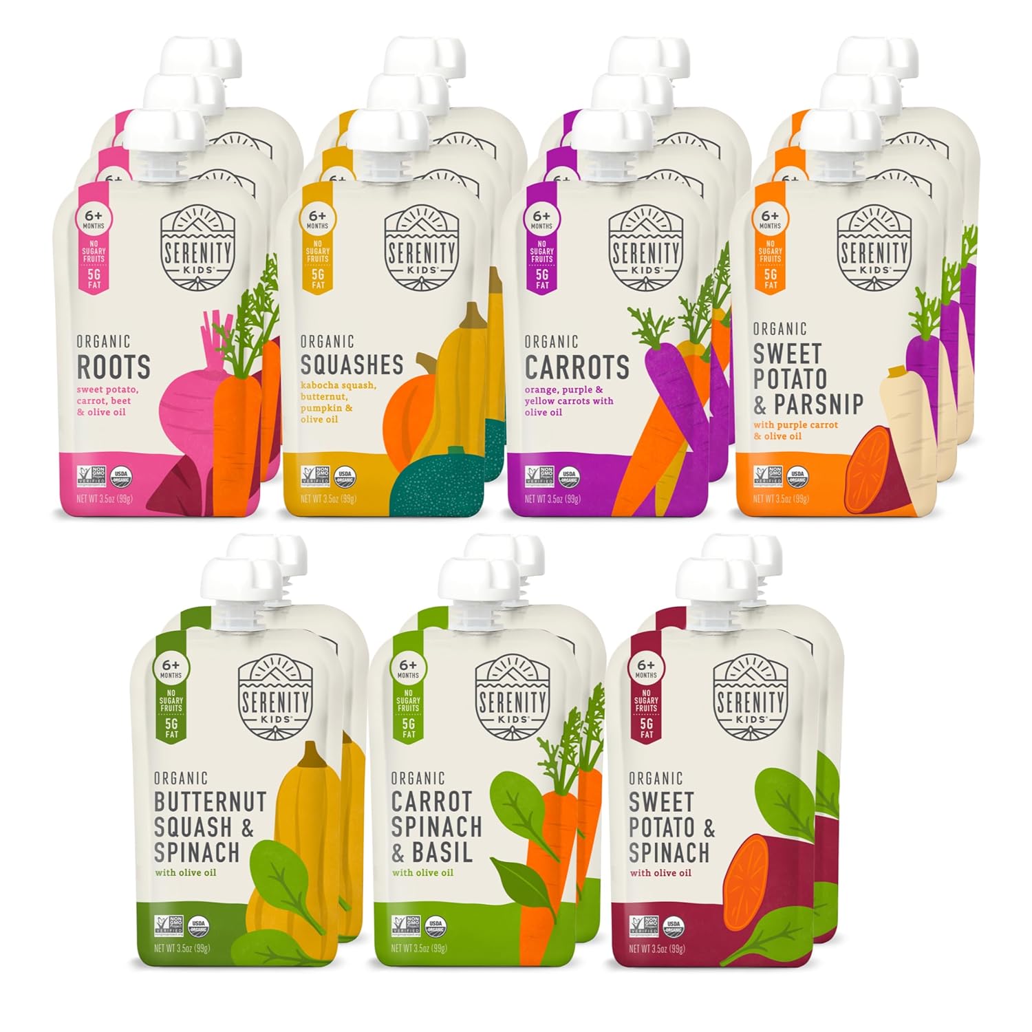 Serenity Kids 6+ Months Certified Organic Baby Food Pouches Veggie Puree Variety Pack 18 count- No Sugary Fruits/Added Sugar - Allergen Free - 3.5 Ounce BPA-Free Bag - Variety Pack - Baby Food Veggies Puree