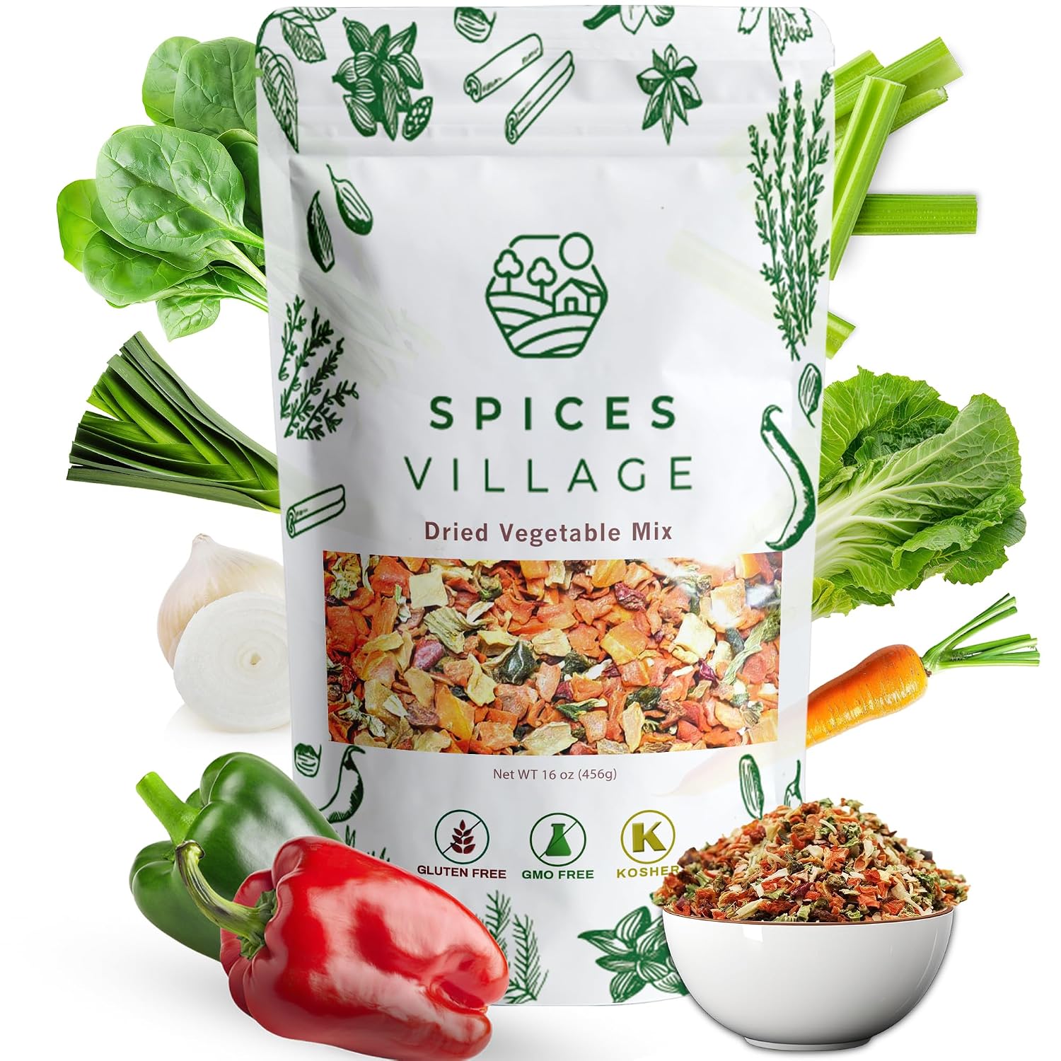 SPICES VILLAGE Dried Ramen Toppings [ 1 lb ] - Dehydrated Vegetables Mixed Vegetables Flakes, Mix of Carrot, Onion, Red & Green Bell Pepper, Celery, Cabbage & Spinach Flakes - Kosher, Gluten Free, Non GMO, Resealable Bulk Bag