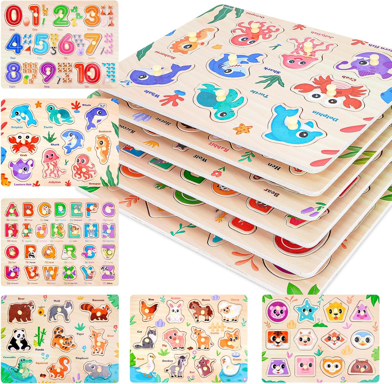 Toddler Puzzles Montessori Toys for 3 4 5 Years Old, 6 PCS Wooden Puzzles for Kids Ages 4-6 - Learning Alphabet, Numbers, Shapes and Animals, Educational Toys Puzzle Gifts for Girls Boys