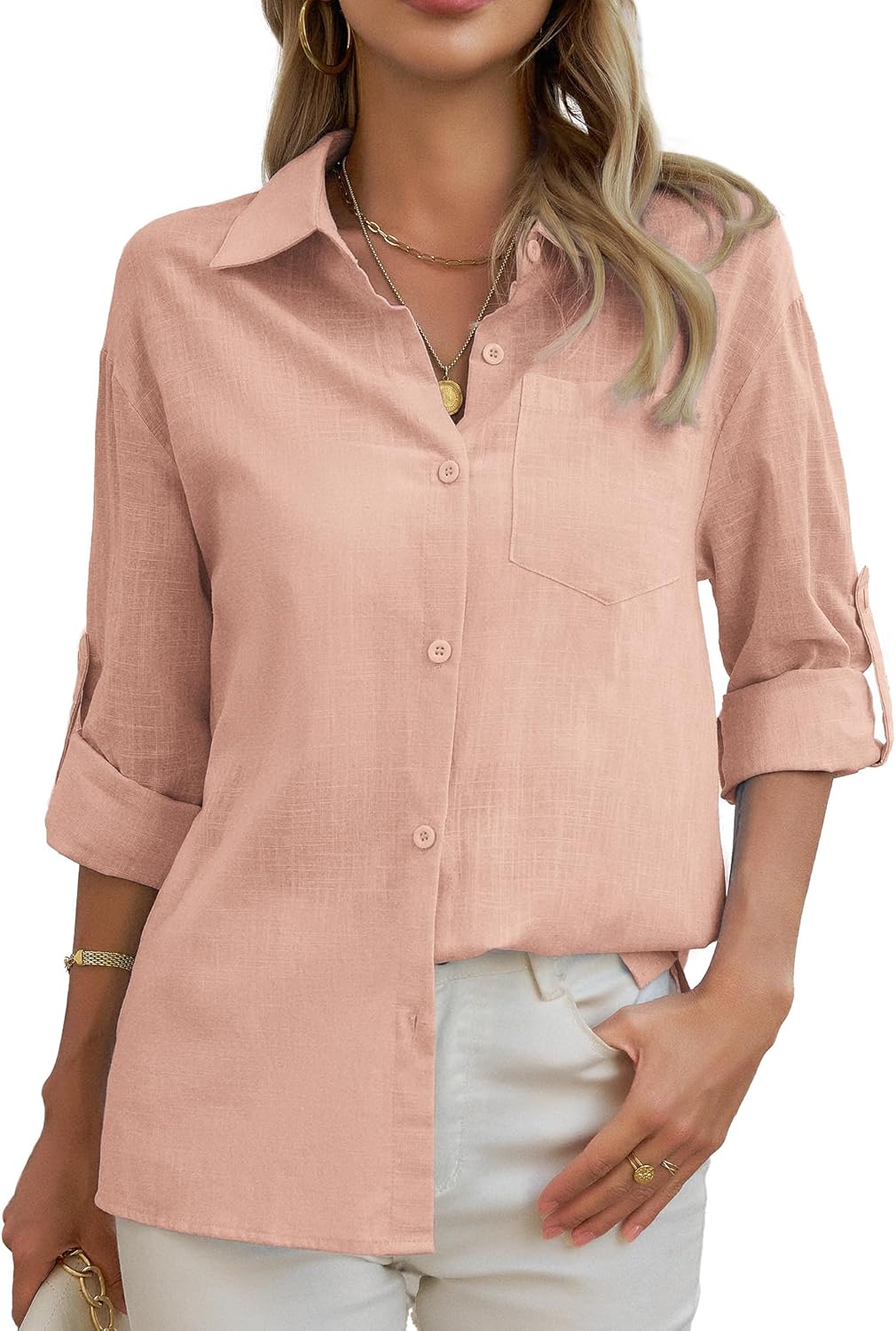 HDLTE Womens Cotton Casual Button Down Shirts V Neck Collare Blouses with Pockets