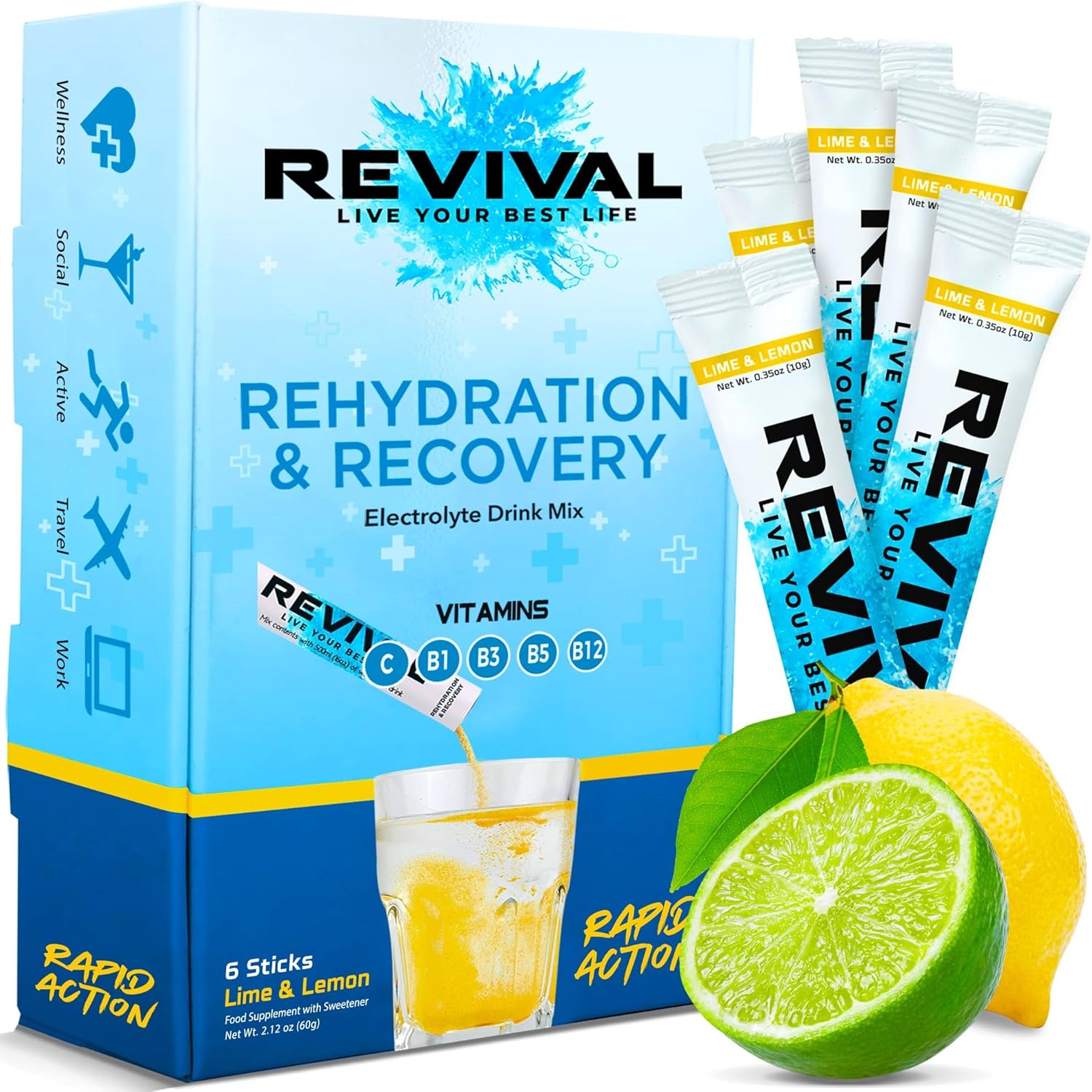Revival Rapid Rehydration Electrolytes Powder - High Strength Vitamin C, B1, B3, B5, B12 Supplement Sachet Drink, Effervescent Electrolyte Hydration Tablets - 6 Pack Lemon Lime