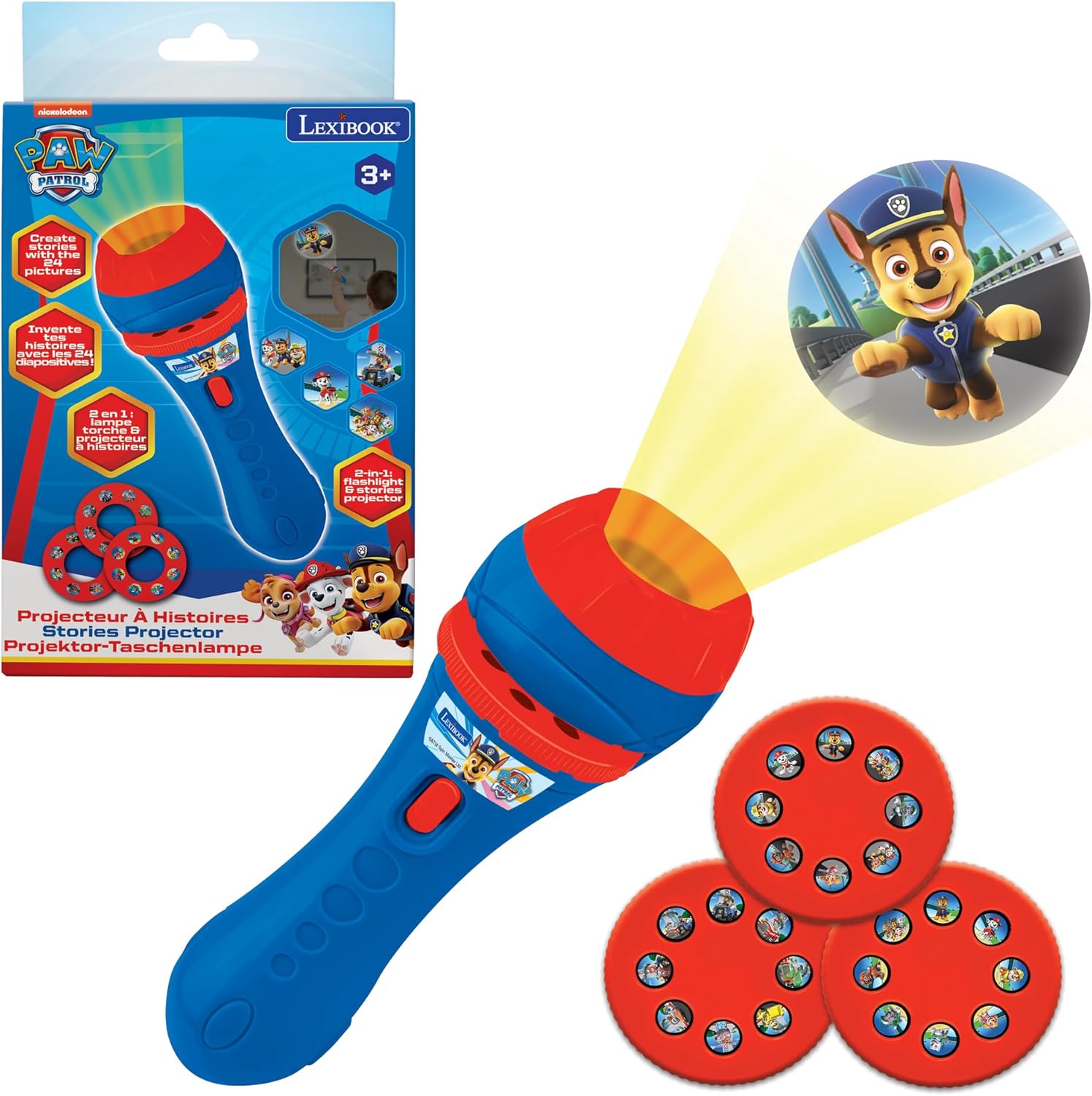 LEXiBOOK, Paw Patrol, Stories Projector, Torch Light and Projector with 3 Discs, 24 Images, Create Your own Stories, LTC050PA