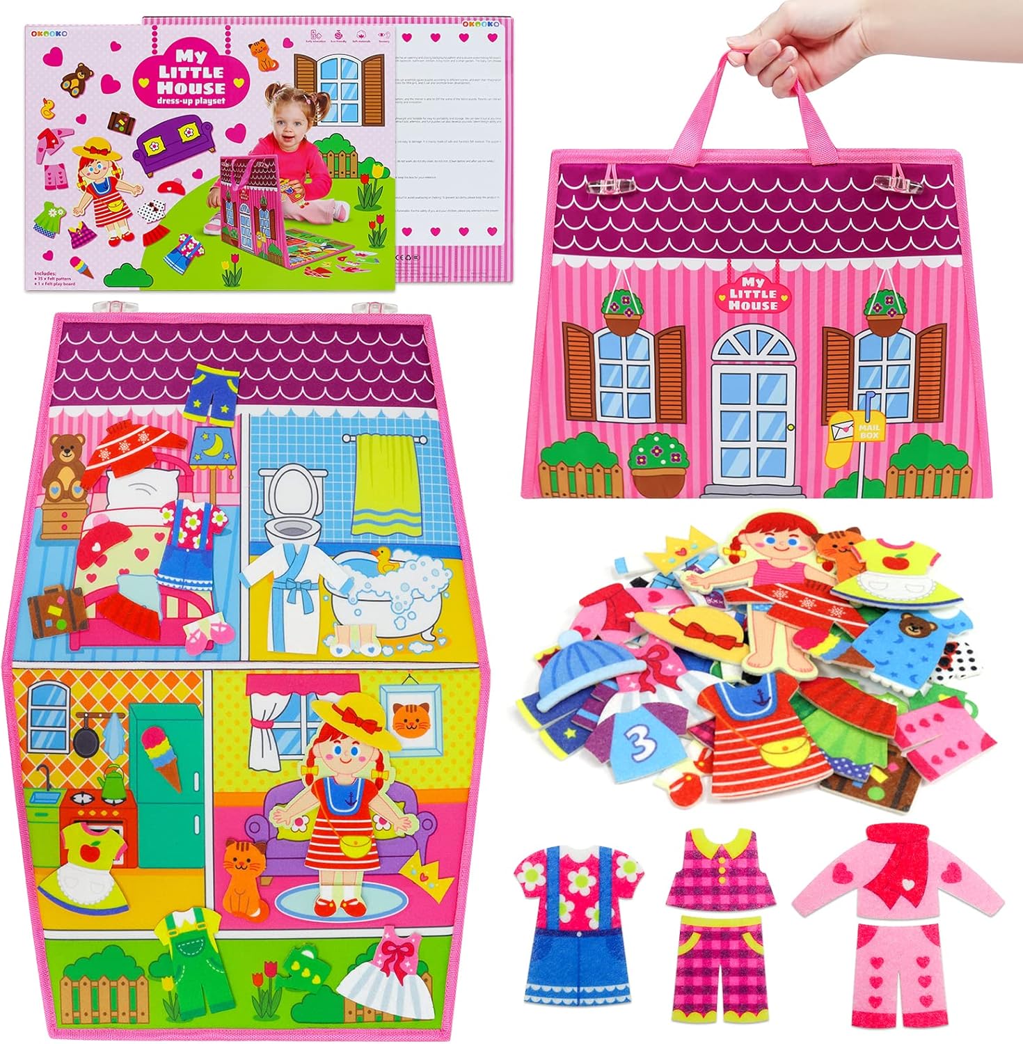 OKOOKO 35PCS Dress Up House Felt Board, Storytelling & Dress-Up Play Set, Change Clothes Game, Double-Sided Foldable Flannel Board, Early Learning Interactive Play Kit for Toddlers & Kids