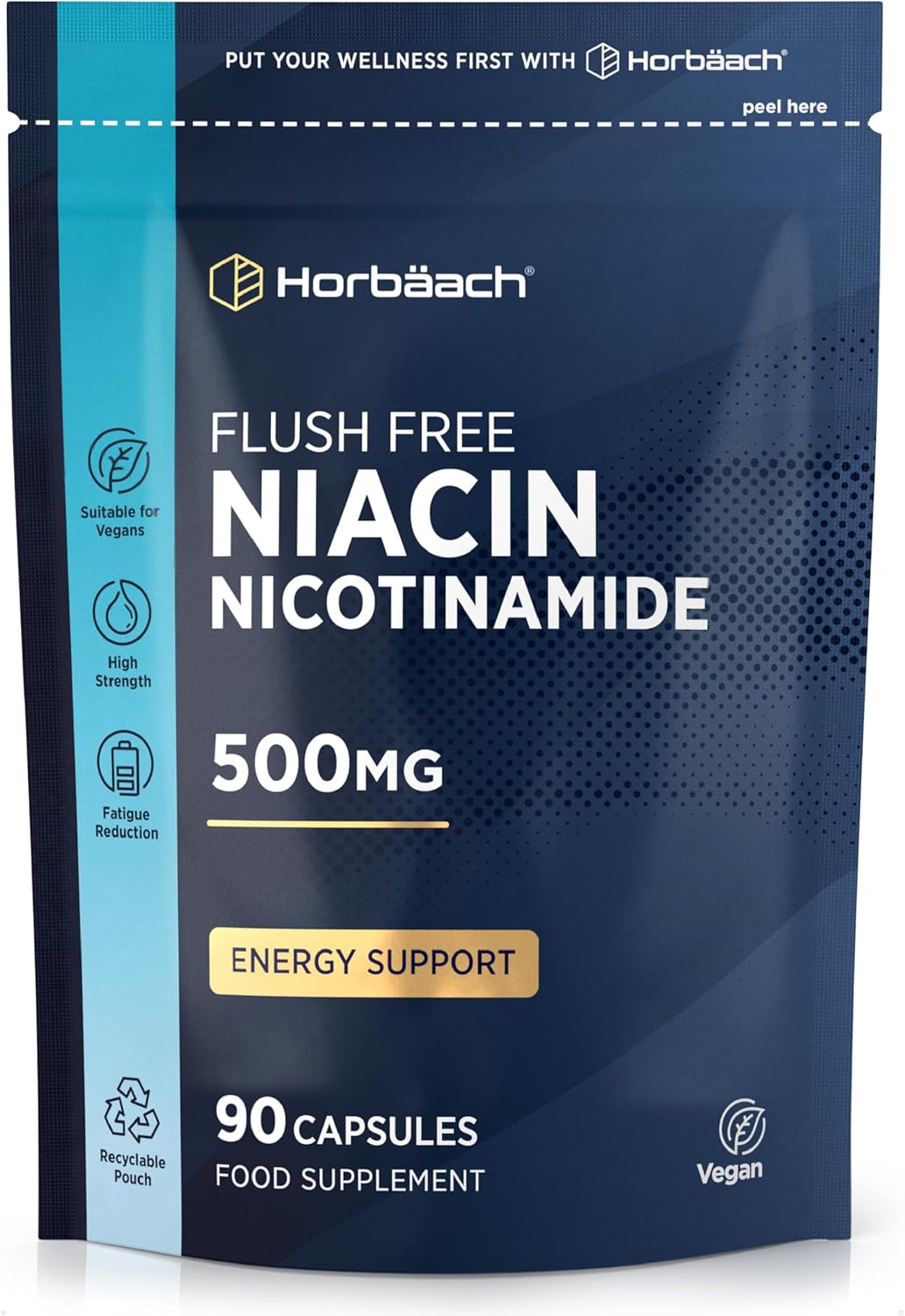 Vitamin B3 Nicotinamide 500mg | 90 Vegan Capsules | Flush Free Niacin Supplement | No Artificial Preservatives | by Horbaach