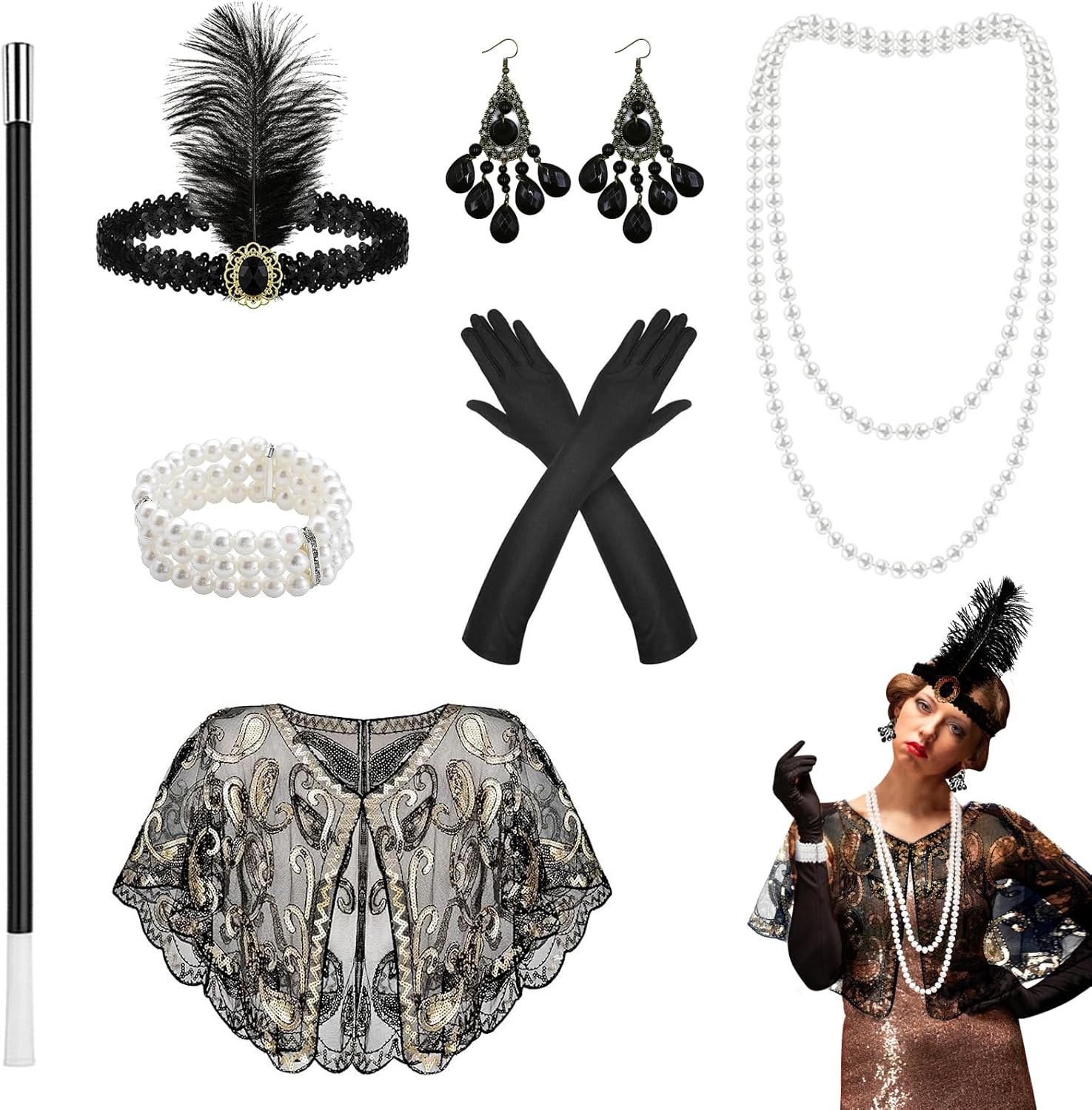 TOPBELIEF 7PCS 1920s Accessories for Women, Flapper Great Gatsby Costume, Roaring 20s Accessories, Ladies Charleston Fancy Dress Up for Halloween, Christmas, Carnival