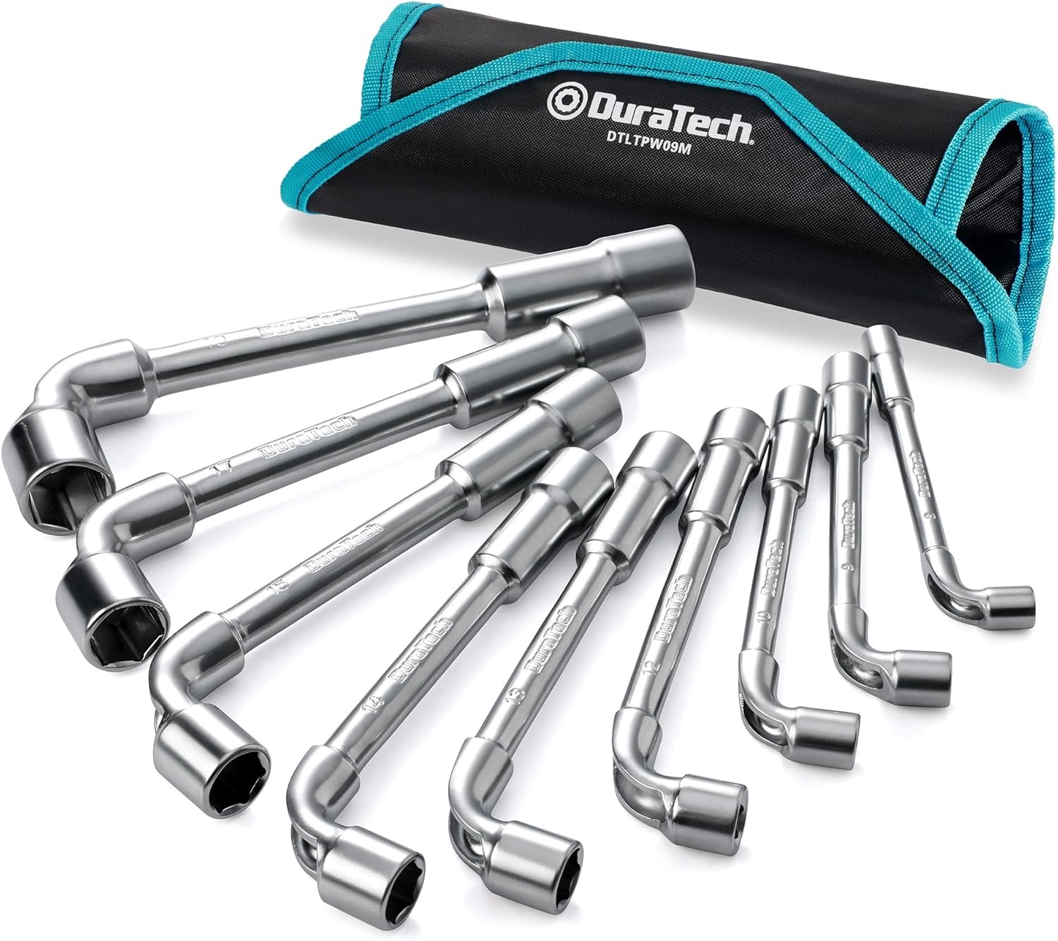 DURATECH L-Type Pipe Perforation Elbow Wrench Set, L Shaped Hex Socket Wrench Set, Metric, 9-Piece, 8-19mm, Chrome Alloy Steel, 6 Point, with Rolling Pouch