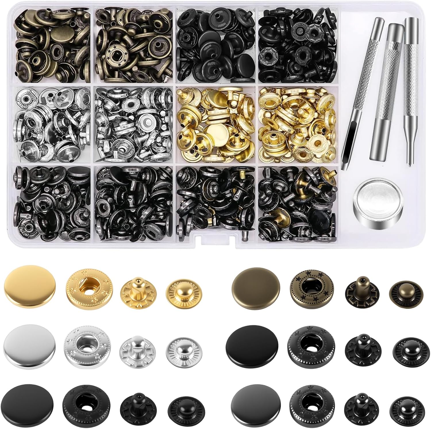 Alritz 120 Set Leather Snap Fasteners Kit, 12.5mm Metal Button Snaps Press Studs with 4 Setter Tools, 6 Colors Leather Snaps for Clothes, Jackets, Jeans Wears, Bracelets, Bags