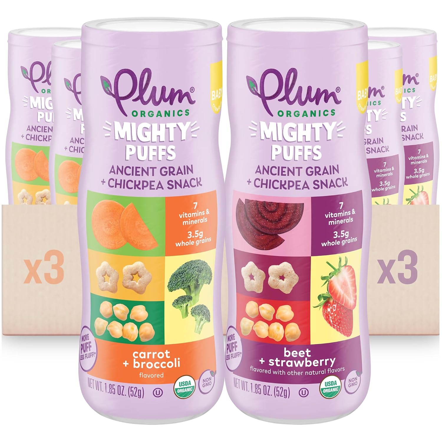 Plum Organics Mighty Puffs Two Flavor Variety Pack, 1.85 oz Canister